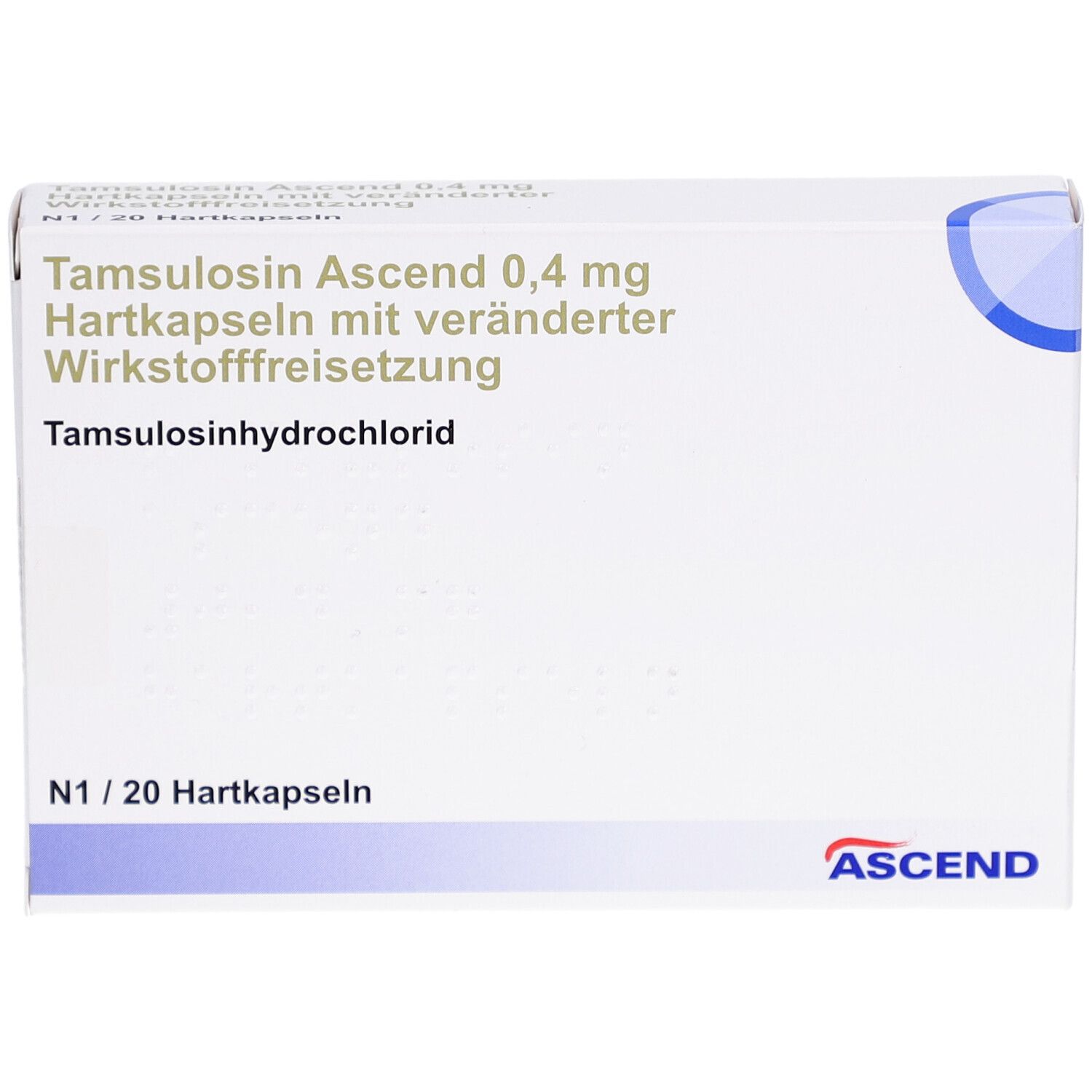 Weiße Arzneimittelverpackung mit blauer Ecke. Beschriftung: Tamsulosin Ascend 0,4 mg Hartkapseln. Ascend-Logo. N1/20 Hartkapseln.