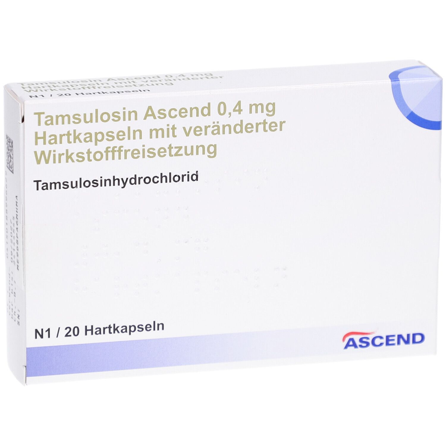 Weiße Arzneimittelverpackung mit blauer Ecke. Beschriftung: Tamsulosin Ascend 0,4 mg Hartkapseln. Ascend-Logo. N1/20 Hartkapseln.