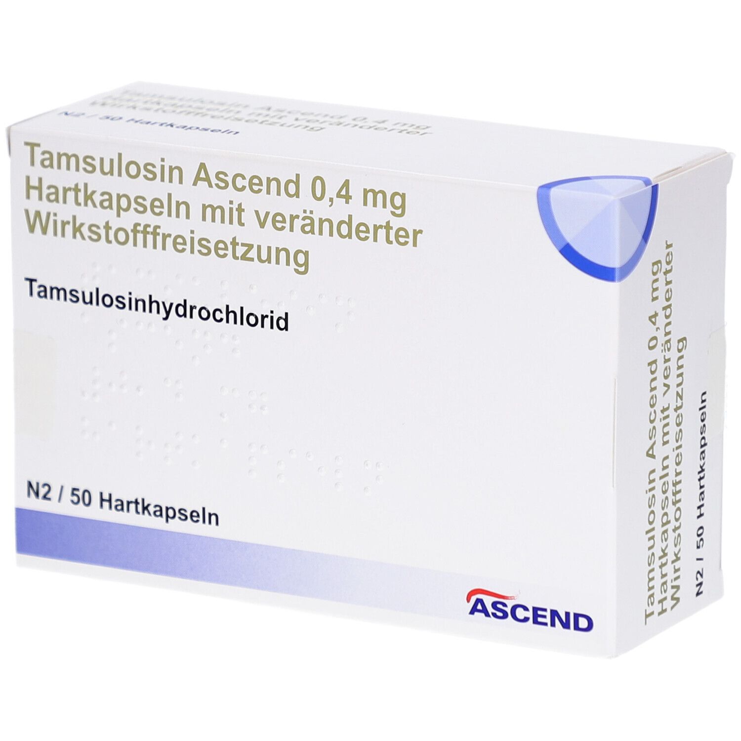 Weiße Faltschachtel mit Produktinformationen: Tamsulosin Ascend 0,4 mg Hartkapseln. ASCEND-Logo. N2/50 Hartkapseln.