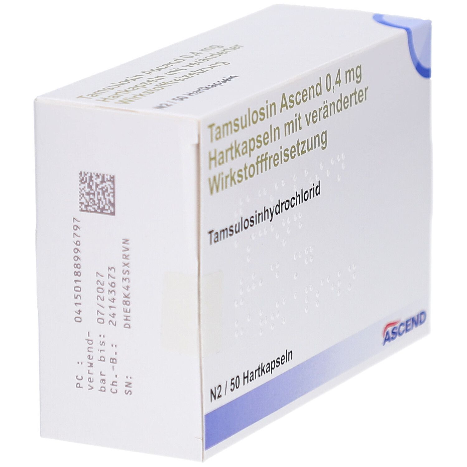 Weiße Faltschachtel, schräg. Produktinformationen: Tamsulosin Ascend 0,4 mg Hartkapseln. ASCEND-Logo. Code und Verfallsdatum.