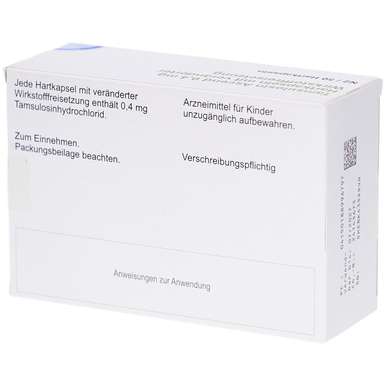 Weiße Faltschachtel, Rückseite. Text: Arzneimittel für Kinder unzugänglich aufbewahren. Verschreibungspflichtig. Code.