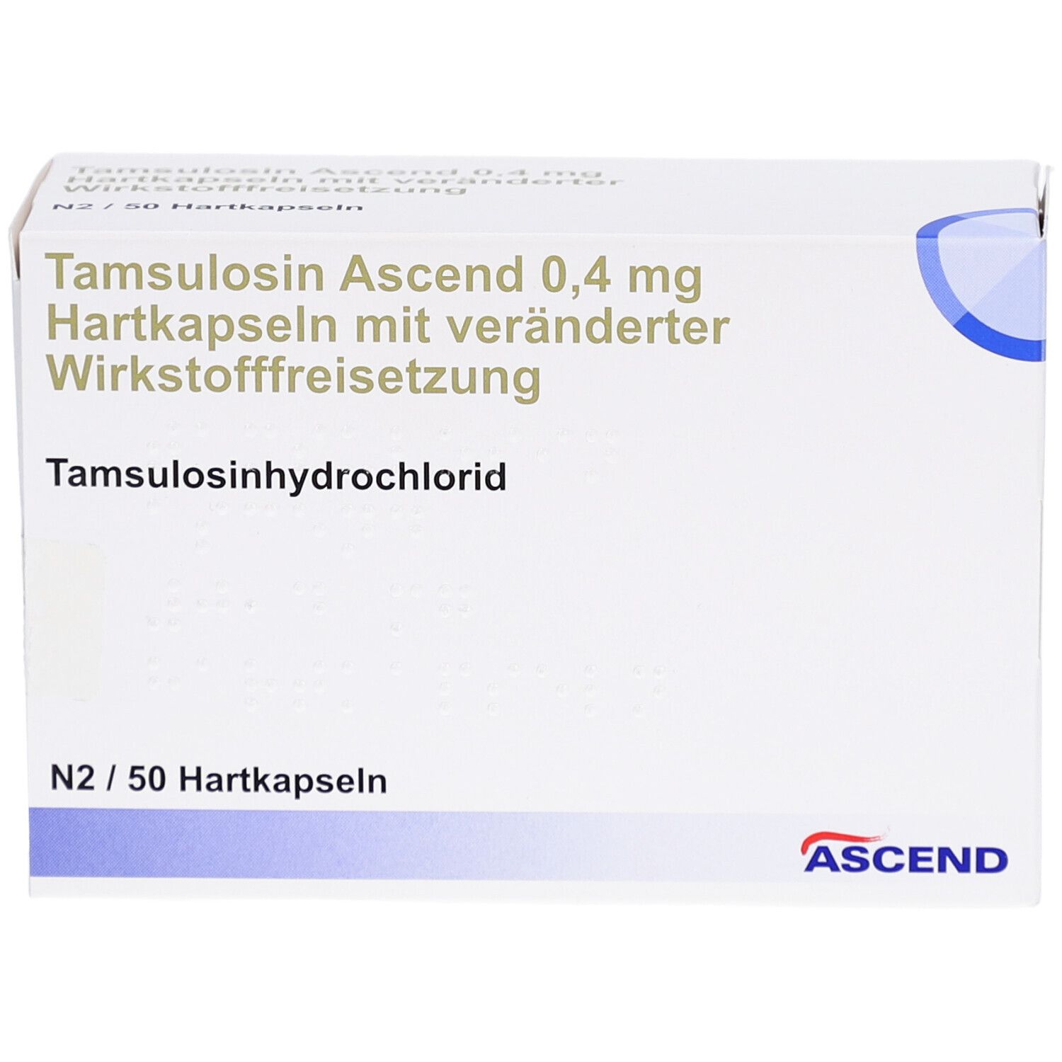 Weiße Faltschachtel mit Produktinformationen: Tamsulosin Ascend 0,4 mg Hartkapseln. ASCEND-Logo. N2/50 Hartkapseln.
