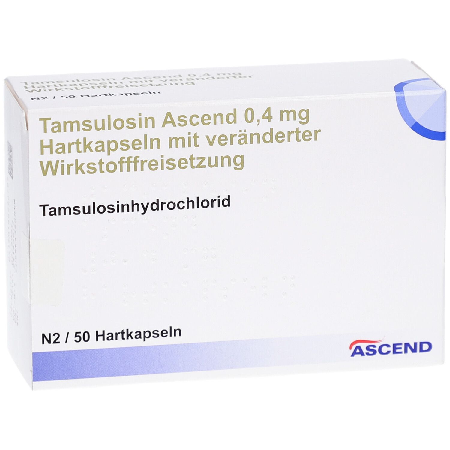 Weiße Faltschachtel mit Produktinformationen: Tamsulosin Ascend 0,4 mg Hartkapseln. ASCEND-Logo. N2/50 Hartkapseln.