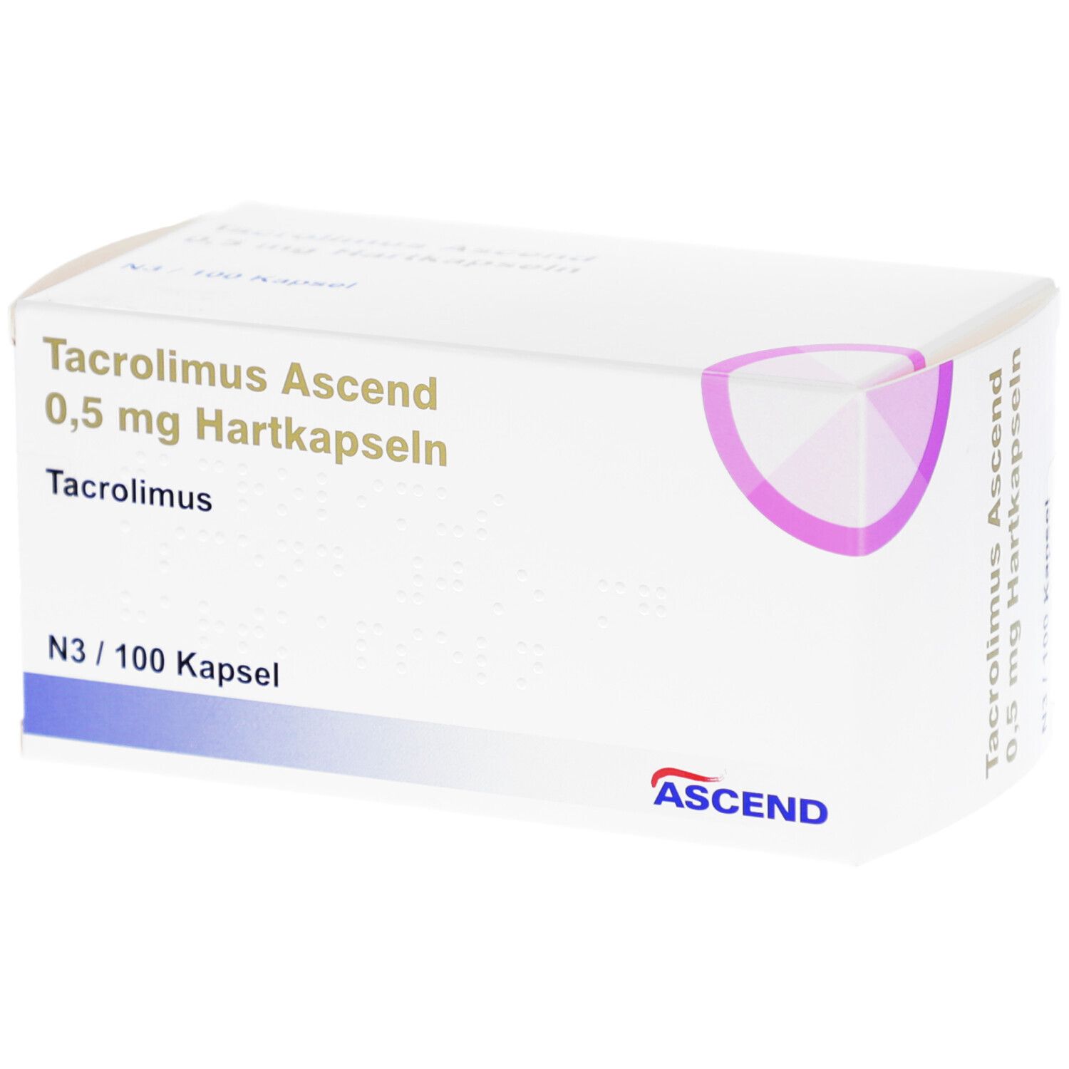 Weiße Schachtel mit Aufschrift: Tacrolimus Ascend 0,5 mg Hartkapseln. Logo Ascend. Packungsinhalt: 100 Kapseln.