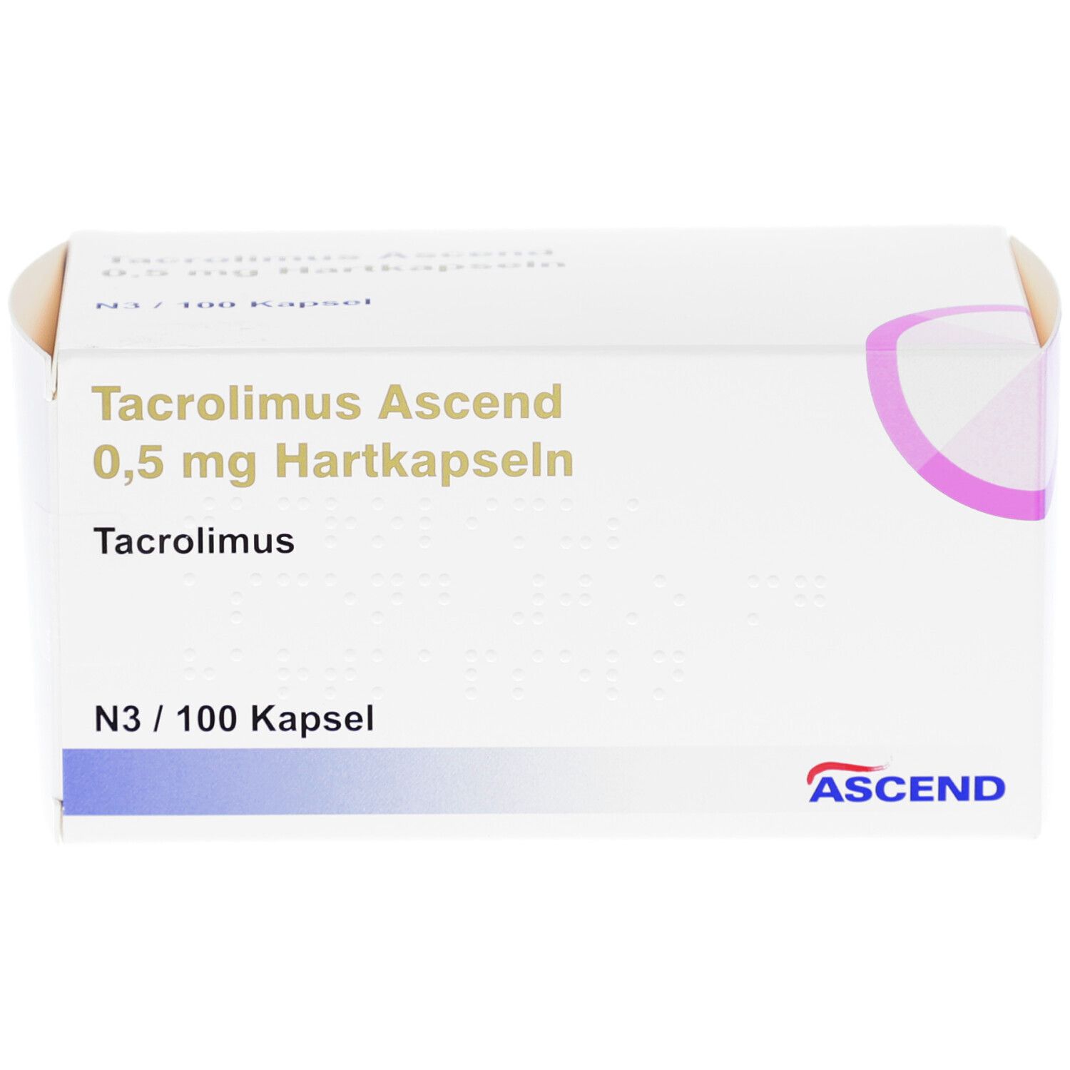 Weiße Schachtel mit Aufschrift: Tacrolimus Ascend 0,5 mg Hartkapseln. Logo Ascend. Packungsinhalt: 100 Kapseln.