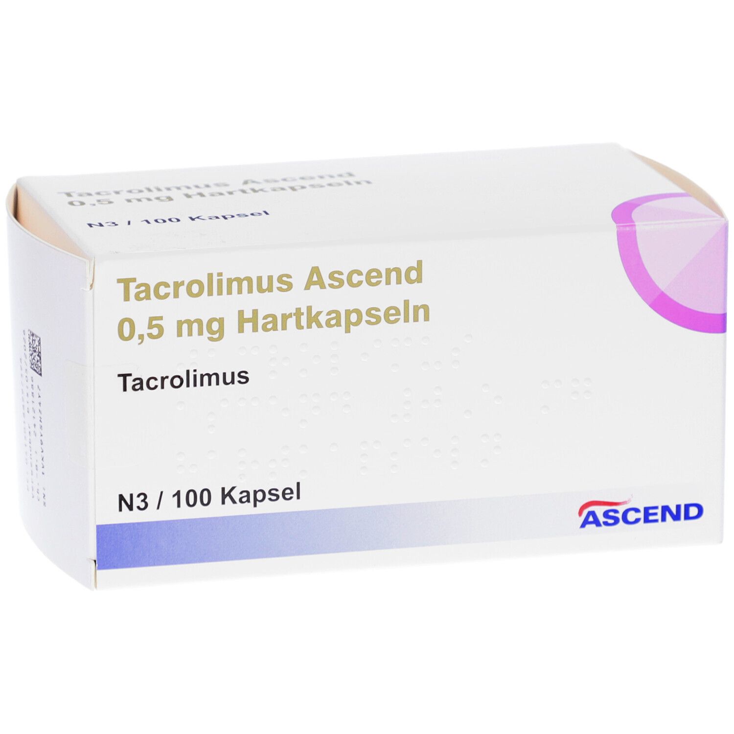 Weiße Schachtel mit Aufschrift: Tacrolimus Ascend 0,5 mg Hartkapseln. Logo Ascend. Packungsinhalt: 100 Kapseln.