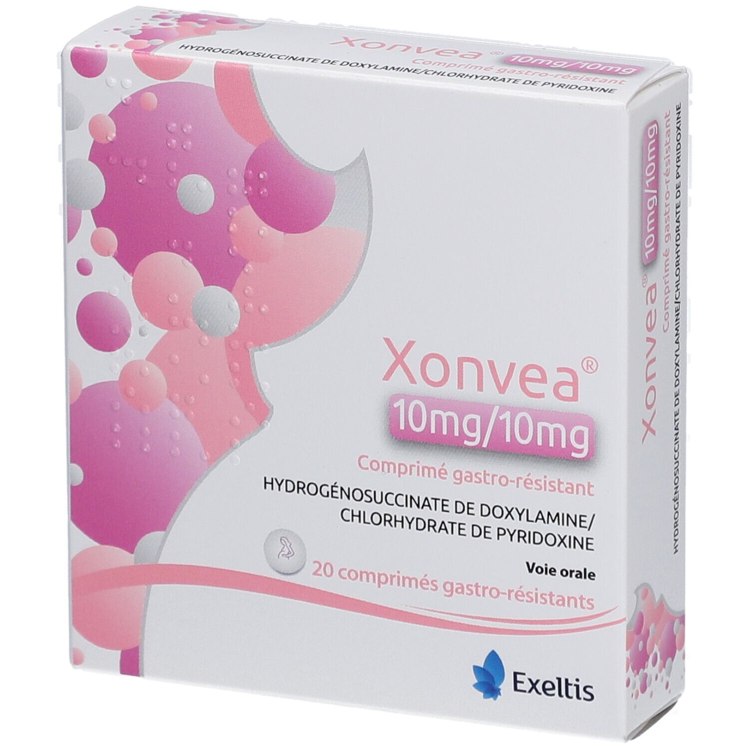 Schachtel mit Xonvea 10mg/10mg magensaftresistenten Tabletten. Weiße Verpackung mit rosa Akzenten und Produktinformationen.