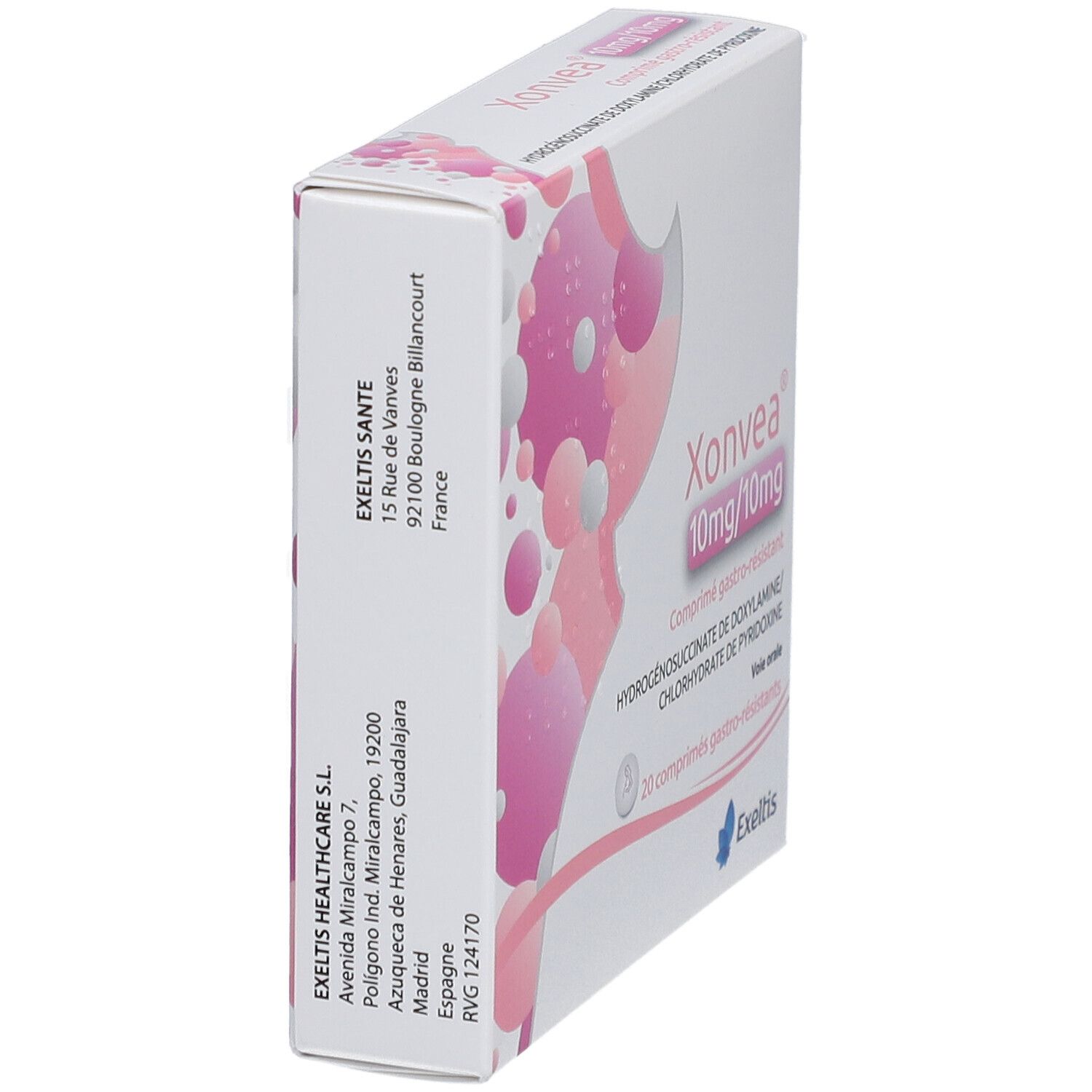 Seitenansicht der Xonvea-Verpackung. Enthält Adressinformationen und Produktnamen. Weiß mit rosa Designelementen.