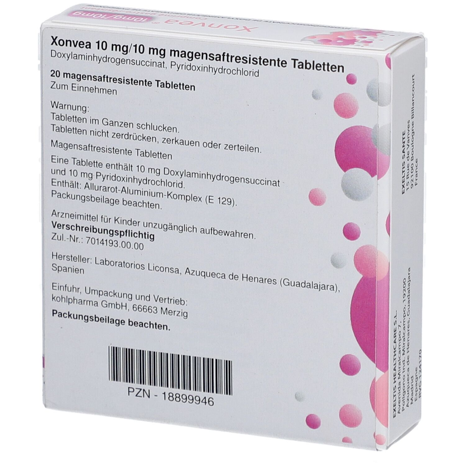 Rückseite der Xonvea-Verpackung. Enthält Produktinformationen, Warnhinweise und Herstellerangaben. Weiß mit rosa Design.