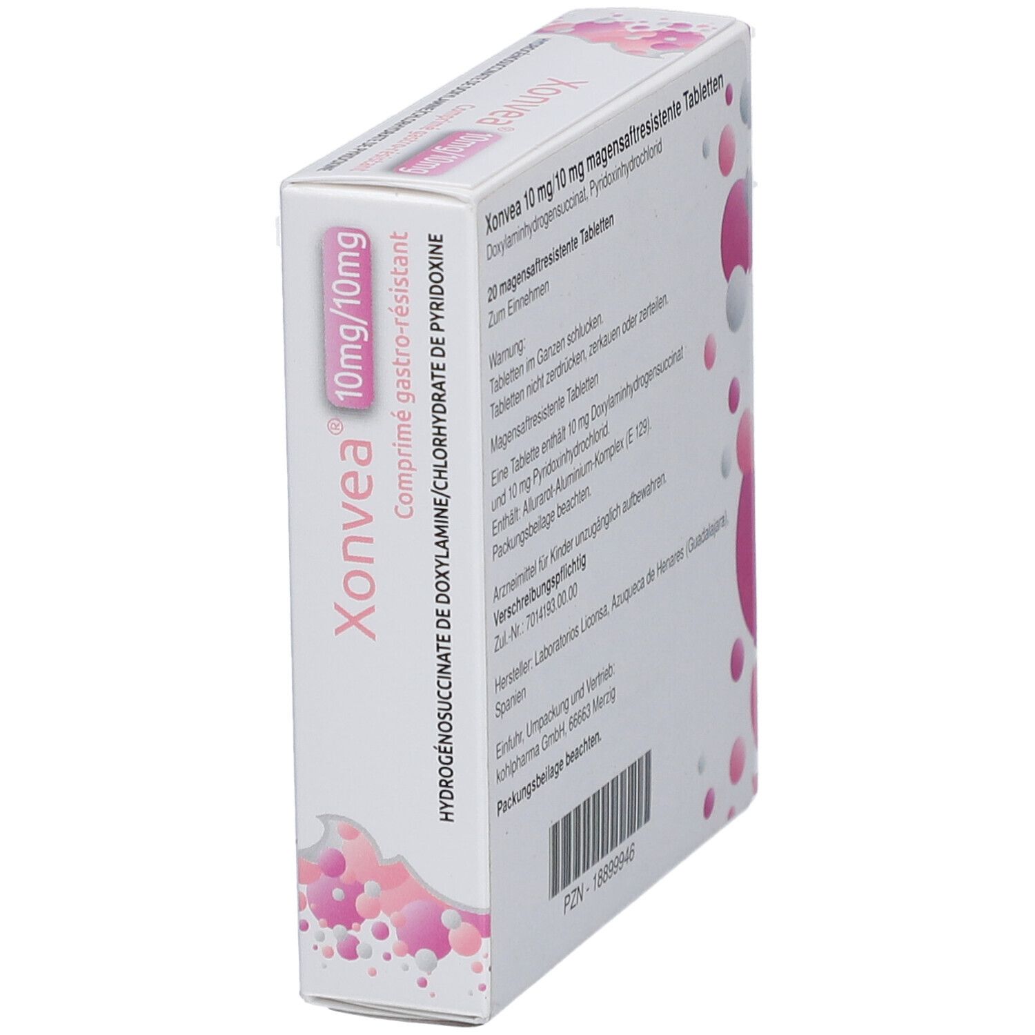 Schrägansicht der Xonvea-Verpackung. Zeigt Produktnamen und Informationen. Weiß mit rosa Designelementen.