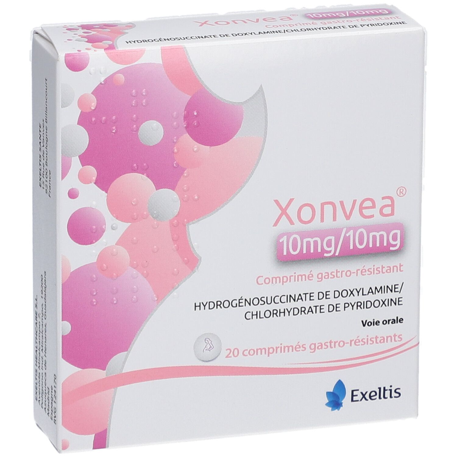 Vorderansicht der Xonvea-Verpackung. Zeigt Produktnamen, Dosierung und Inhaltsstoffe. Weiß mit rosa Design.