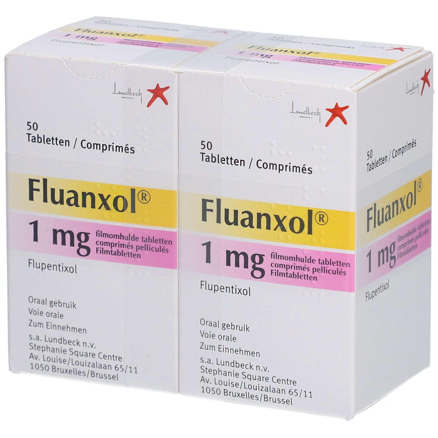 Zwei Packungen FLUANXOL 1 mg Filmtabletten. Jede Packung enthält 50 Tabletten. Aufdruck: Flupentixol, 1 mg.