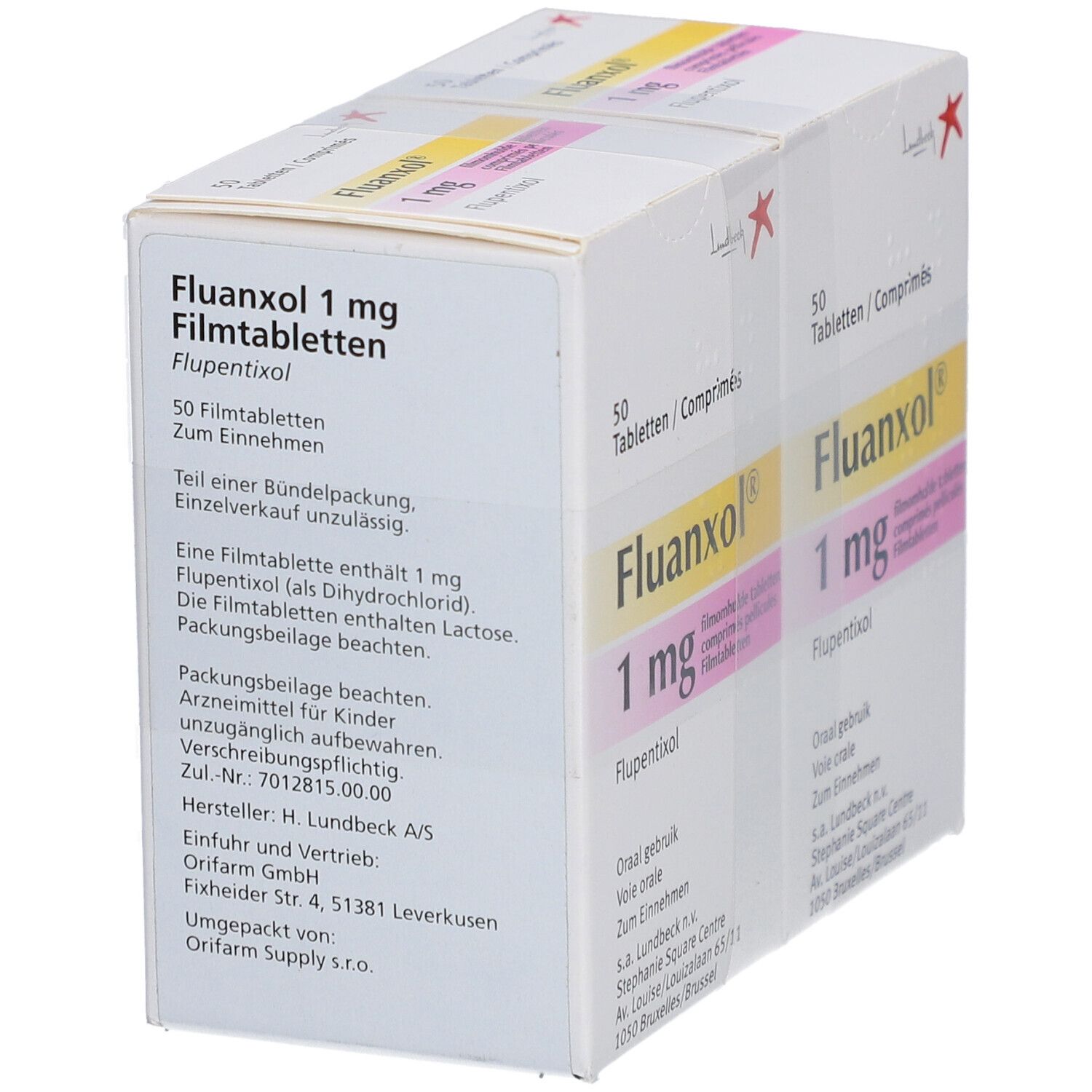 Packung FLUANXOL 1 mg Filmtabletten. Aufdruck: Flupentixol, 1 mg, 50 Tabletten. Seitenansicht mit Produktinformationen.