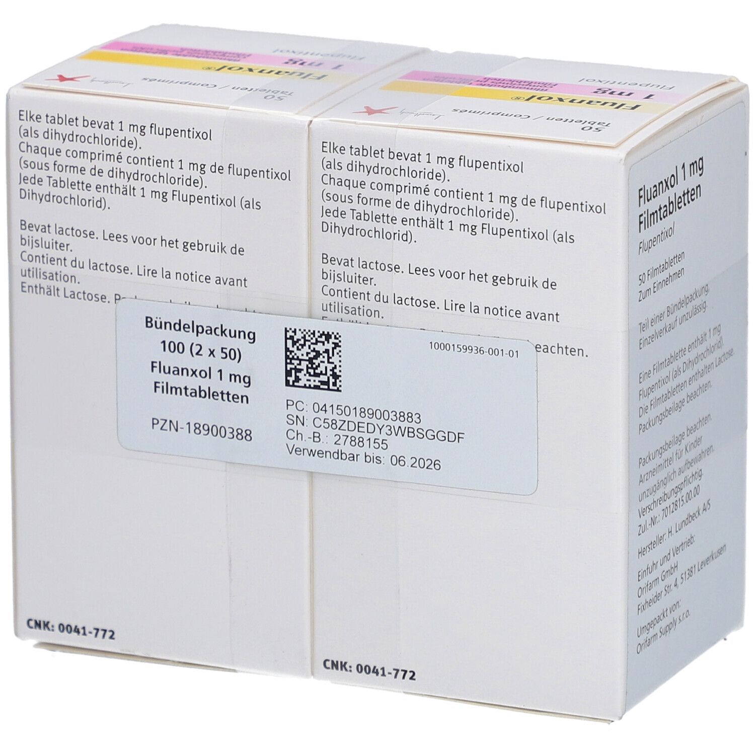 Rückseite der Packung FLUANXOL 1 mg Filmtabletten. Enthält Informationen wie Dosierung, Inhaltsstoffe und Chargennummer.