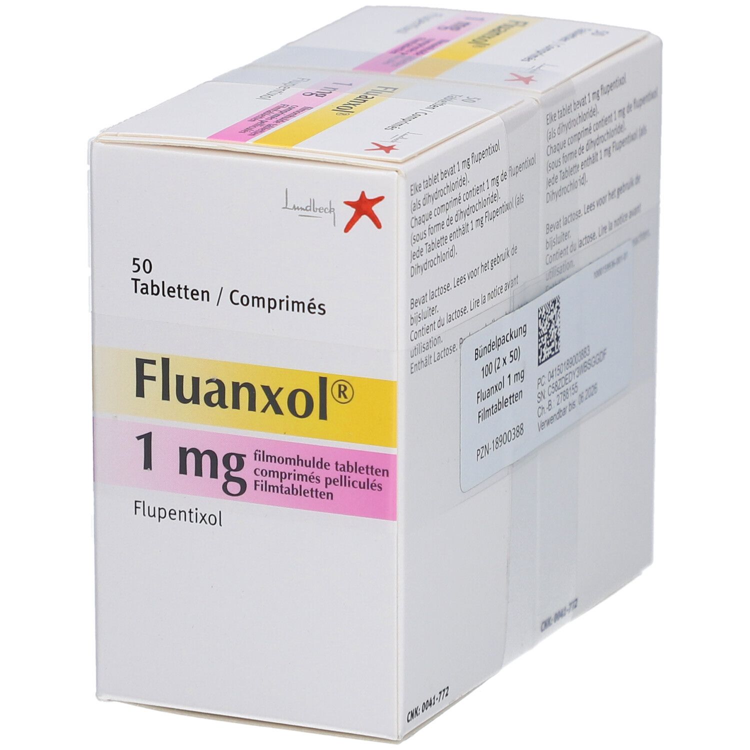 Packung FLUANXOL 1 mg Filmtabletten. Aufdruck: Flupentixol, 1 mg, 50 Tabletten. Ansicht von vorne und Seite.