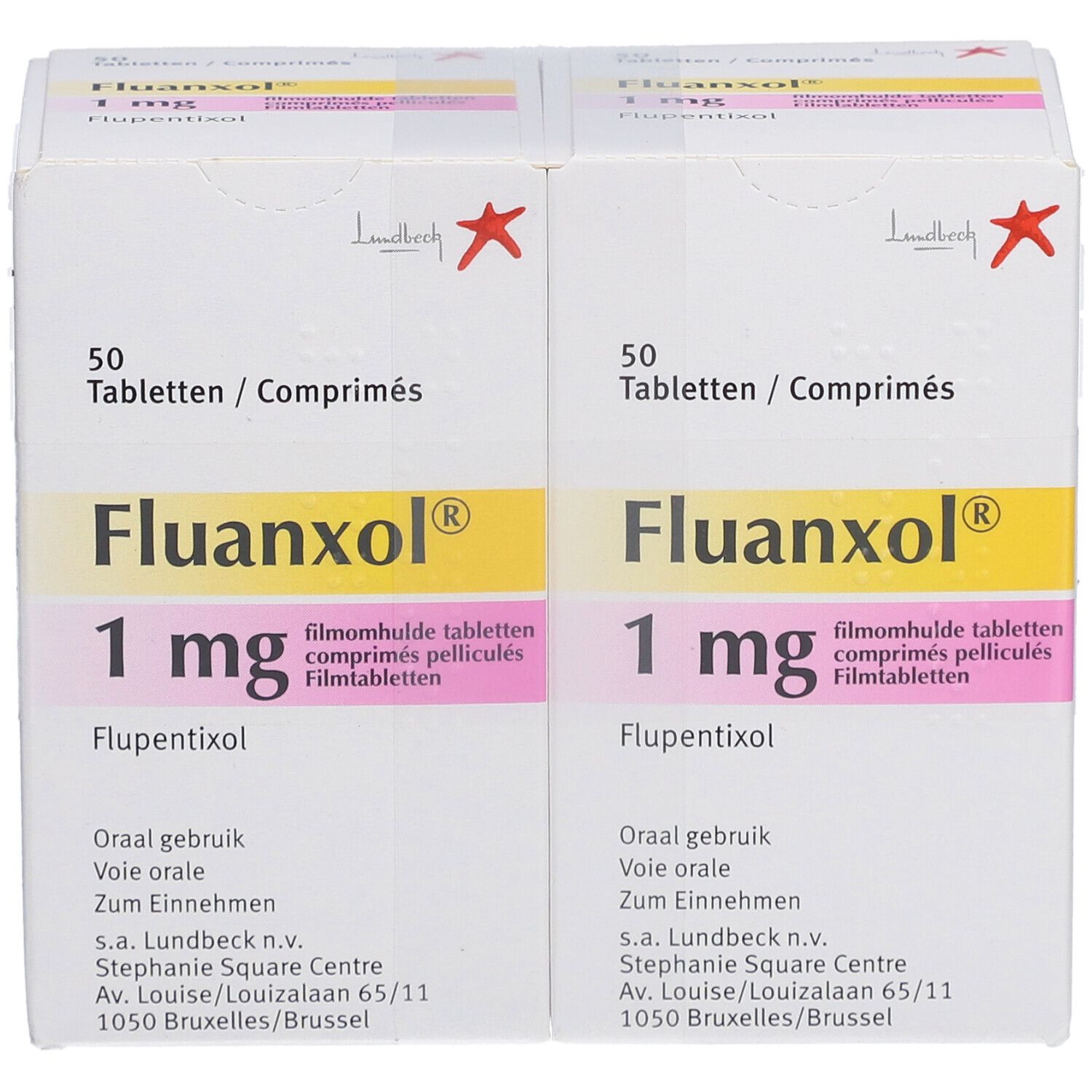 Zwei Packungen FLUANXOL 1 mg Filmtabletten. Jede Packung enthält 50 Tabletten. Aufdruck: Flupentixol, 1 mg.