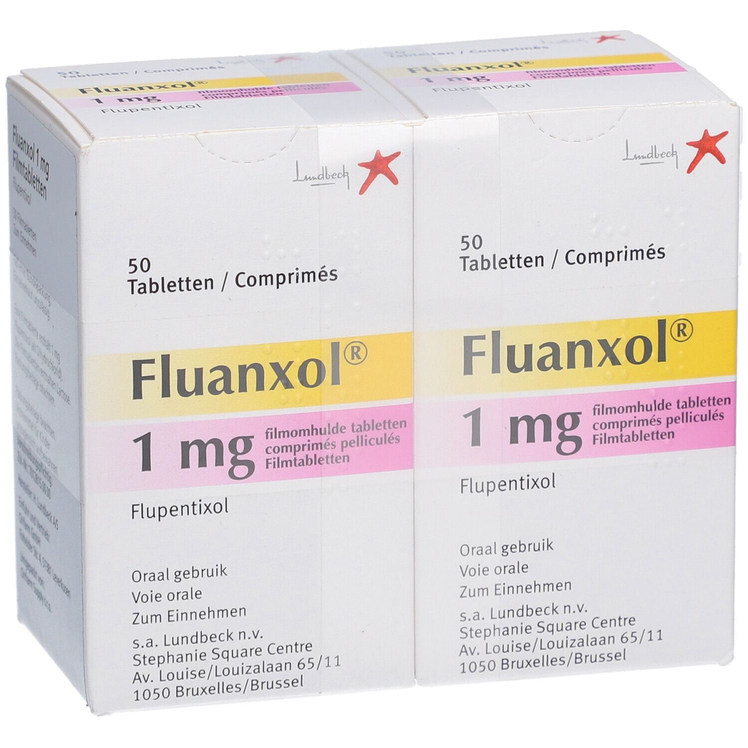 Zwei Packungen FLUANXOL 1 mg Filmtabletten. Jede Packung enthält 50 Tabletten. Aufdruck: Flupentixol, 1 mg.