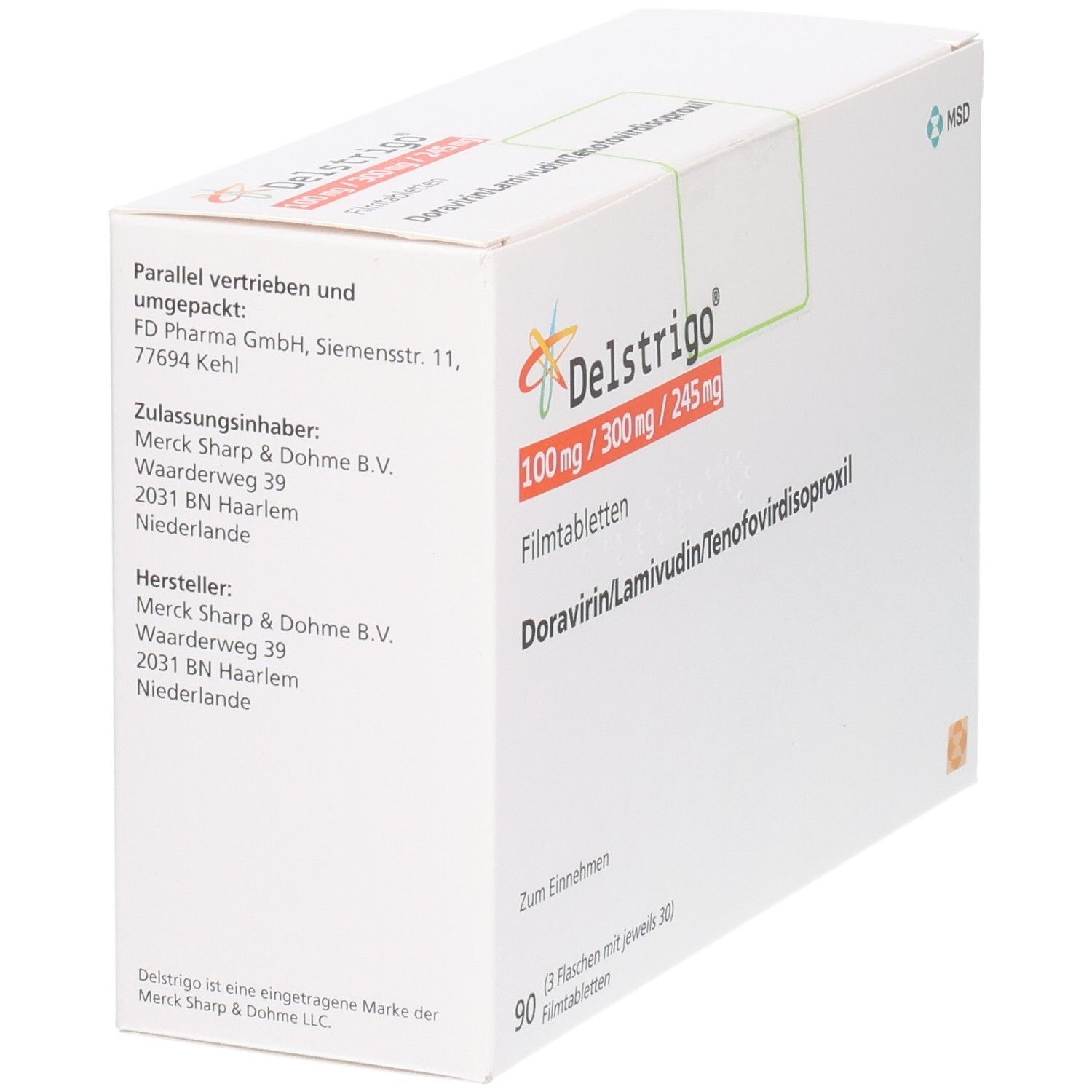 Schachtel Delstrigo 100 mg/300 mg/245 mg Filmtabletten. Enthält 90 Tabletten. Aufschrift: Doravirin/Lamivudin/Tenofovirdisoproxil.