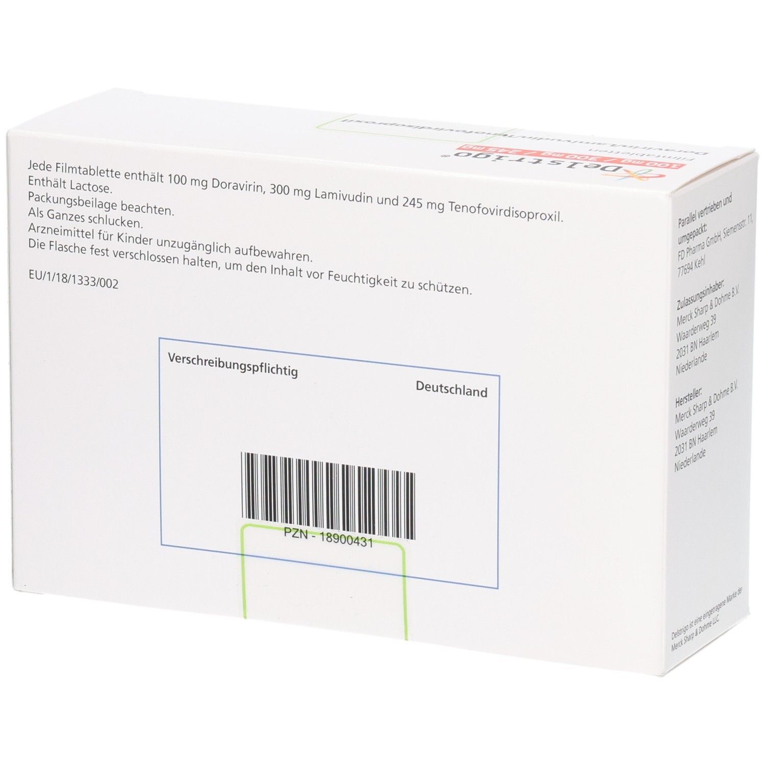 Rückseite der weißen Schachtel Delstrigo. Enthält Informationen zu Inhaltsstoffen und Dosierung. Barcode und PZN-Nummer.