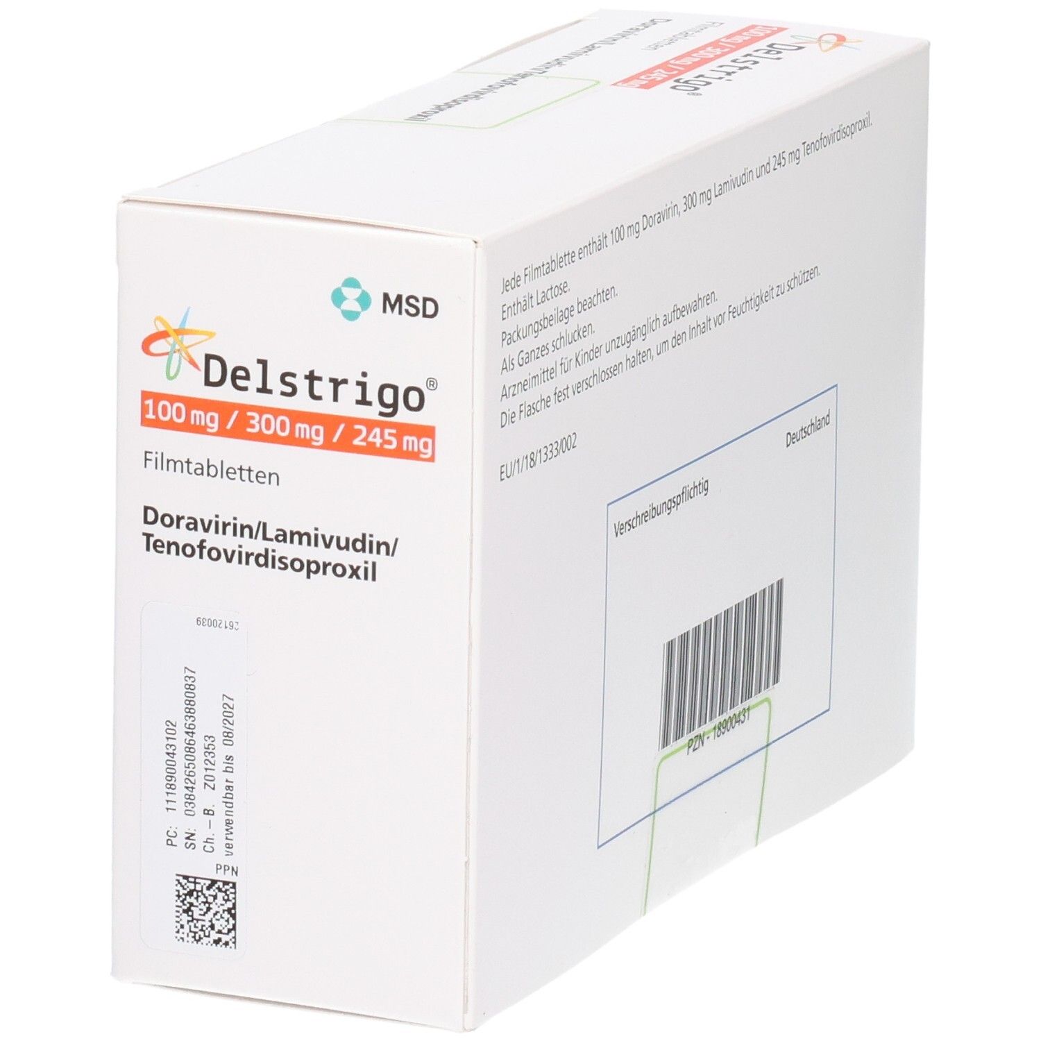 Schachtel Delstrigo 100 mg/300 mg/245 mg Filmtabletten. Enthält 90 Tabletten. Aufschrift: Doravirin/Lamivudin/Tenofovirdisoproxil.