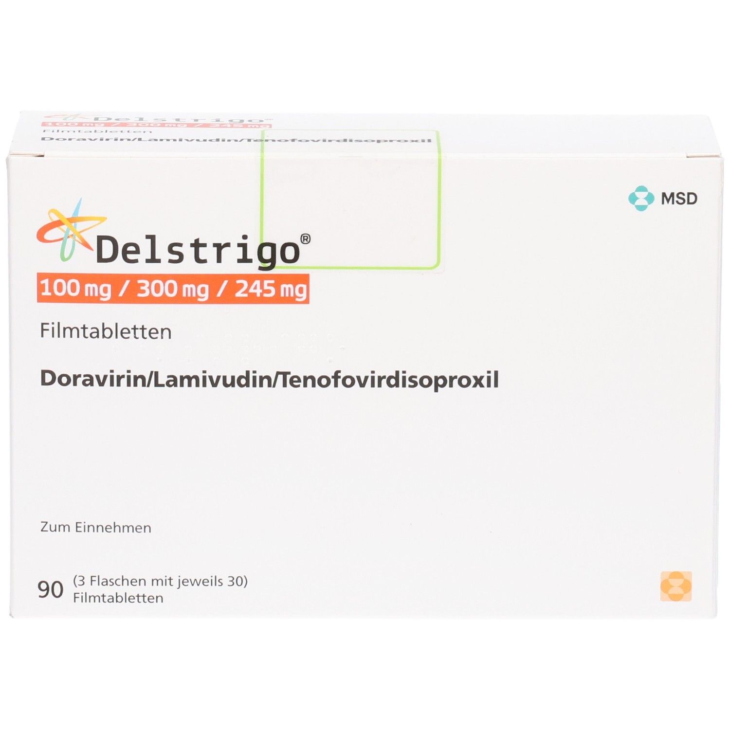Weiße Schachtel Delstrigo 100 mg/300 mg/245 mg Filmtabletten. Enthält 90 Tabletten (3 Flaschen mit je 30).