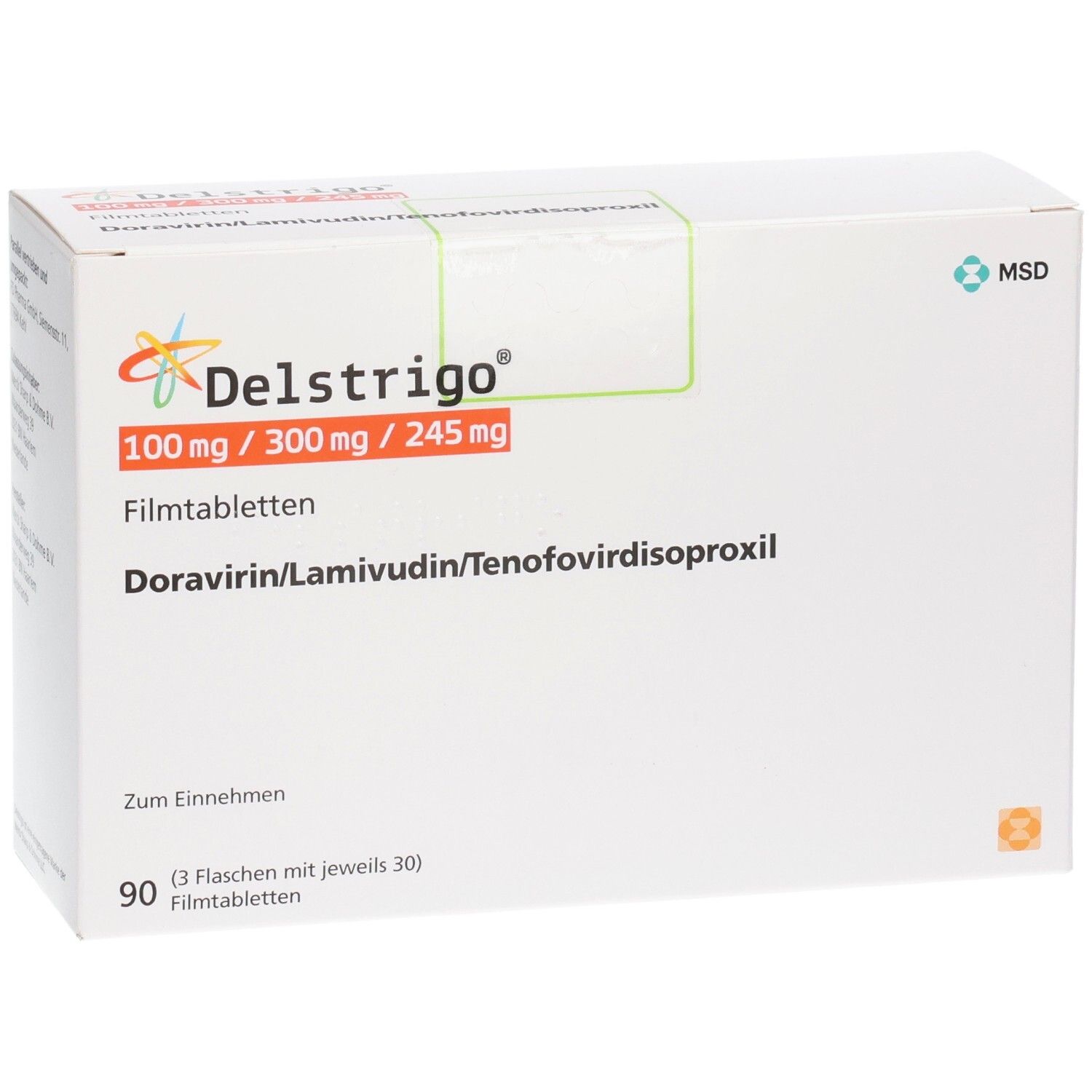 Weiße Schachtel Delstrigo 100 mg/300 mg/245 mg Filmtabletten. Enthält 90 Tabletten (3 Flaschen mit je 30).