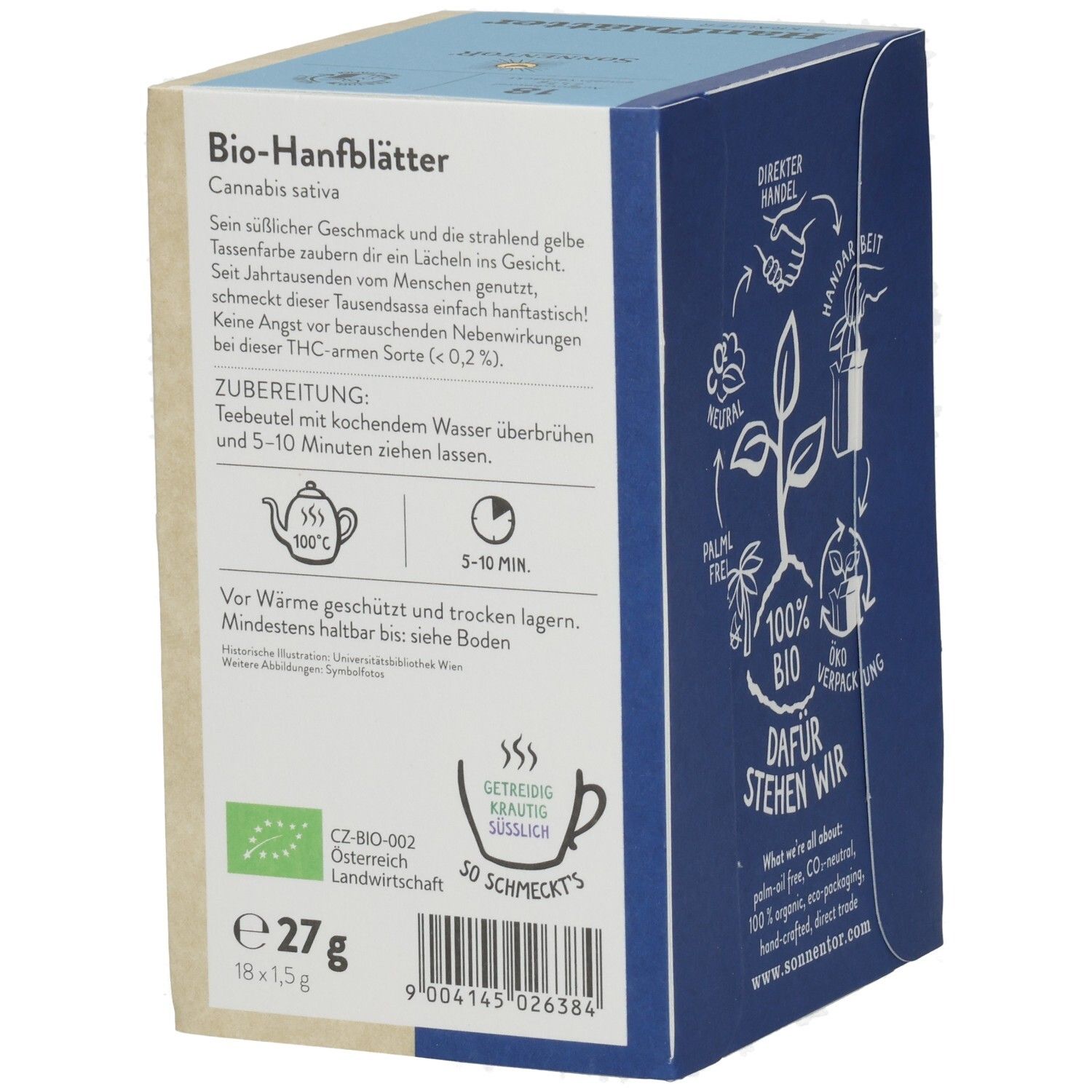 Bio-Hanfblätter Teebeutel, 27g, 18x1,5g, mit Bio-Siegel und Zubereitungshinweisen.