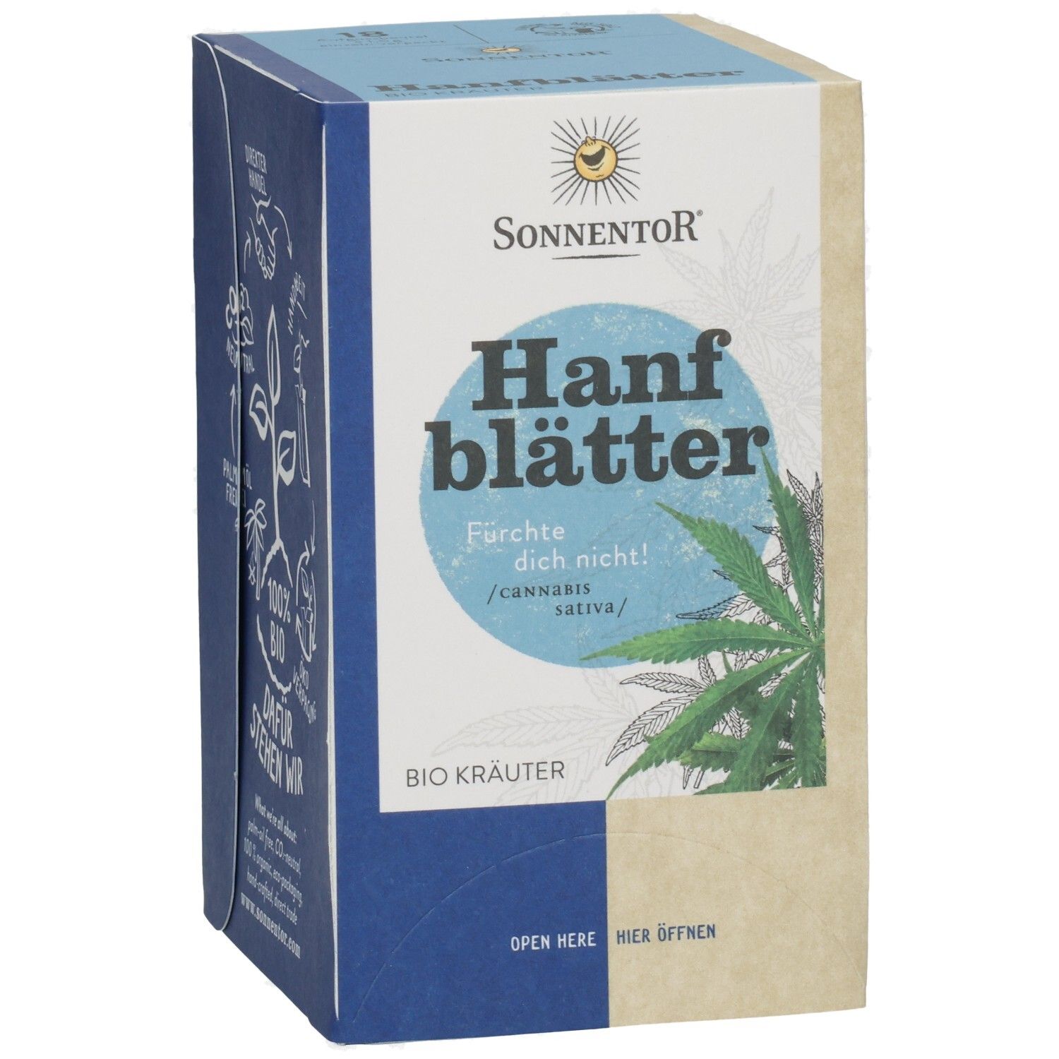 SonnenT্টর Hanfblätter Bio Kräuter Tee. Faltschachtel mit Hanfblatt-Motiv.
