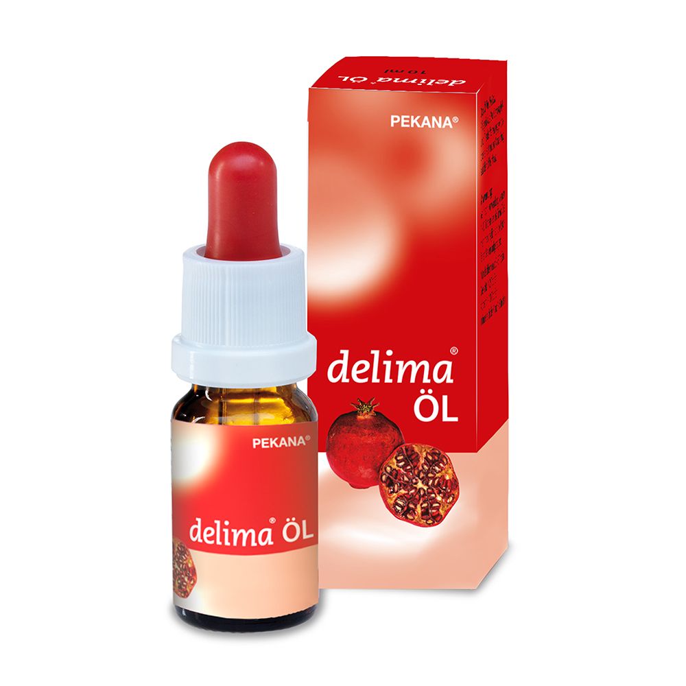 Braune Glasflasche mit Pipettenverschluss, gefüllt mit Öl. Rote Verpackung mit Granatapfelmotiv und Produktnamen "delima Öl".