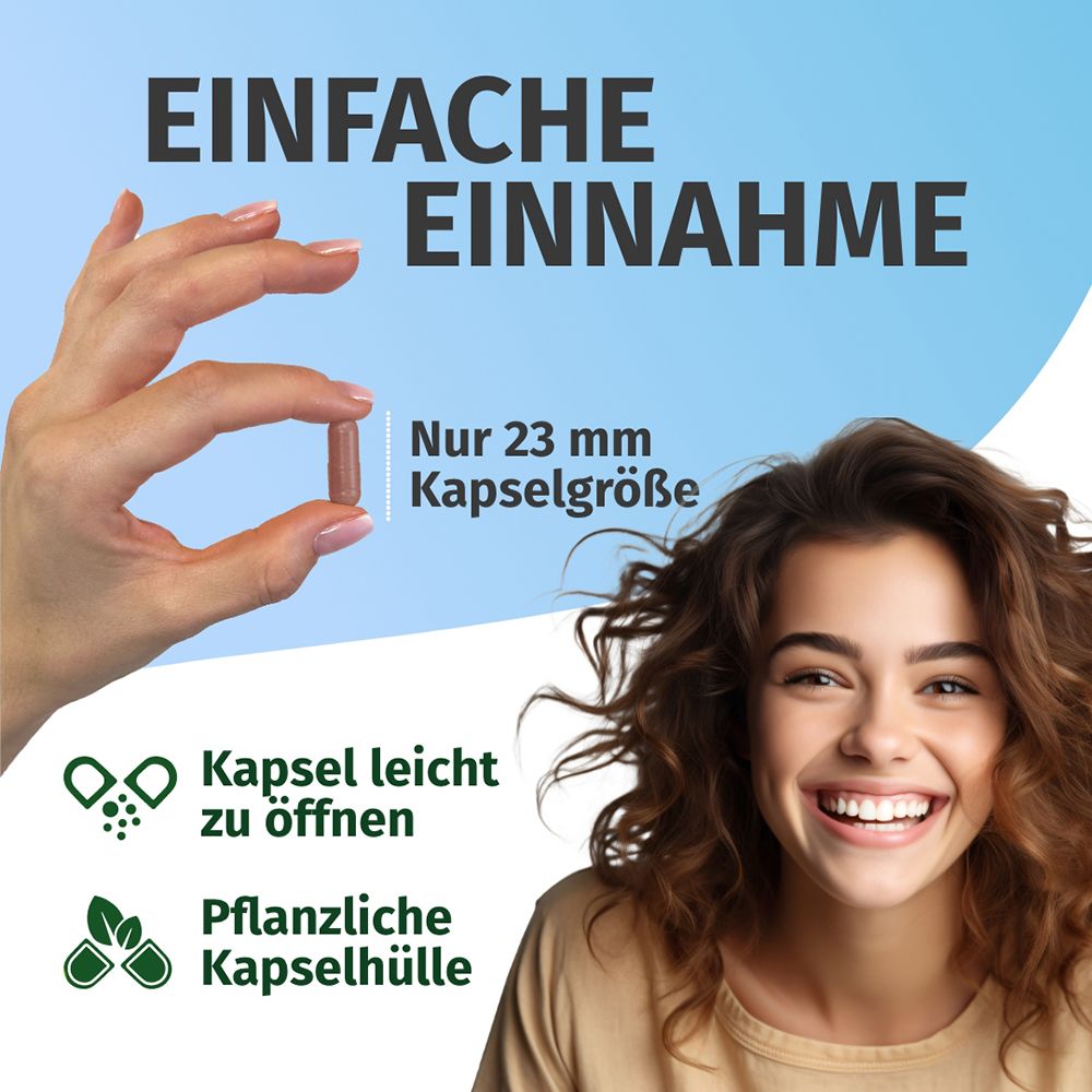 Einfache Einnahme: 23 mm Kapselgröße, leicht zu öffnen, pflanzliche Kapselhülle.
