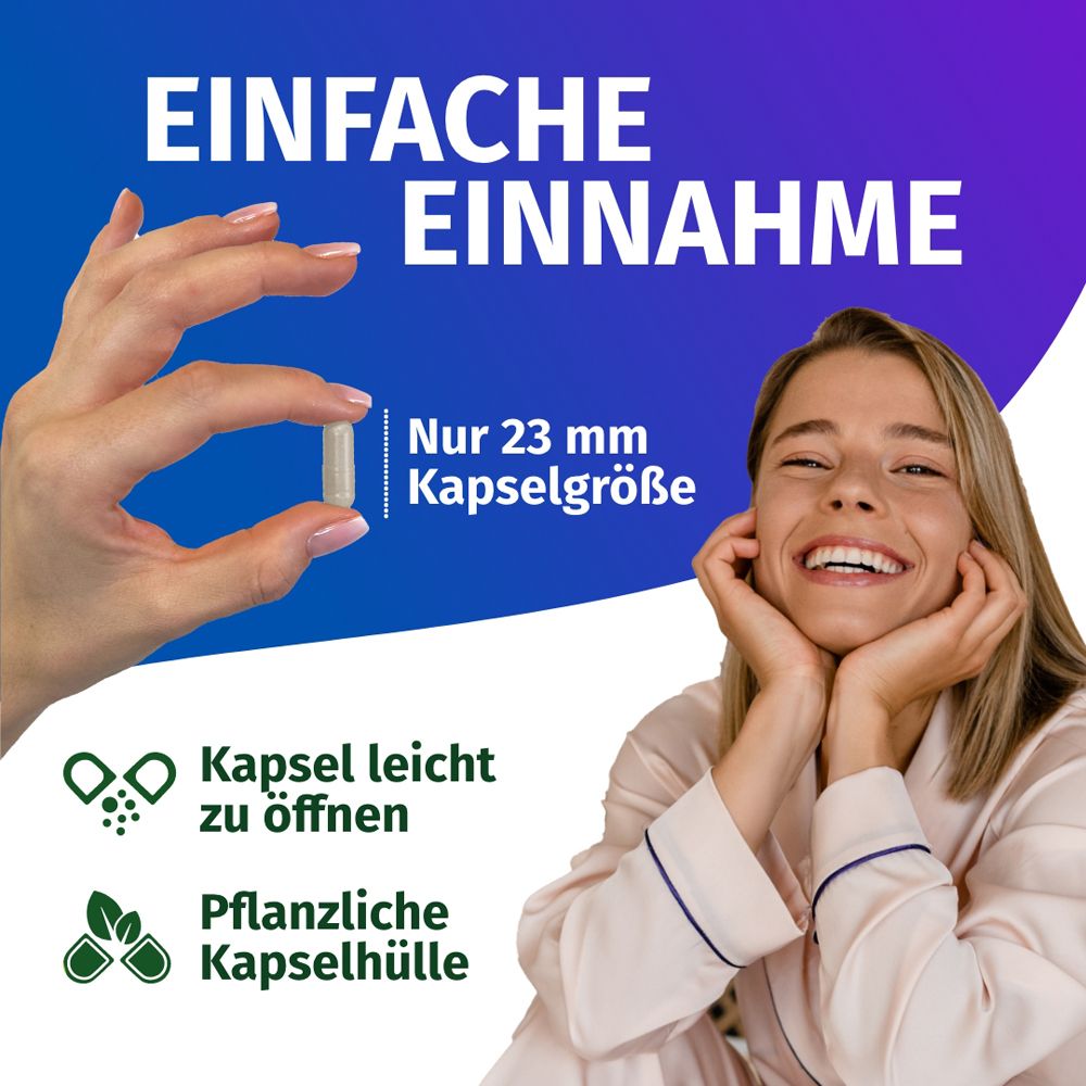 Einfache Einnahme: Kapselgröße 23 mm. Pflanzliche Kapselhülle, leicht zu öffnen.