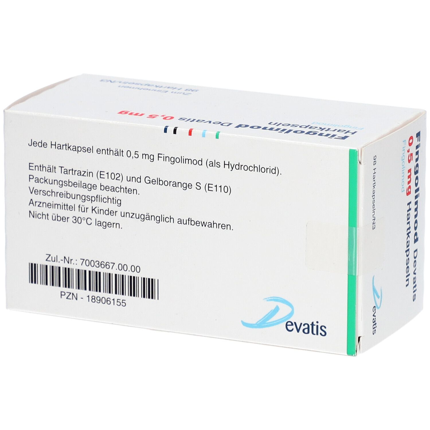 Schachtel mit Aufschrift: Fingolimod Devatis 0,5 mg Hartkapseln. Enthält Informationen. Logo Devatis.