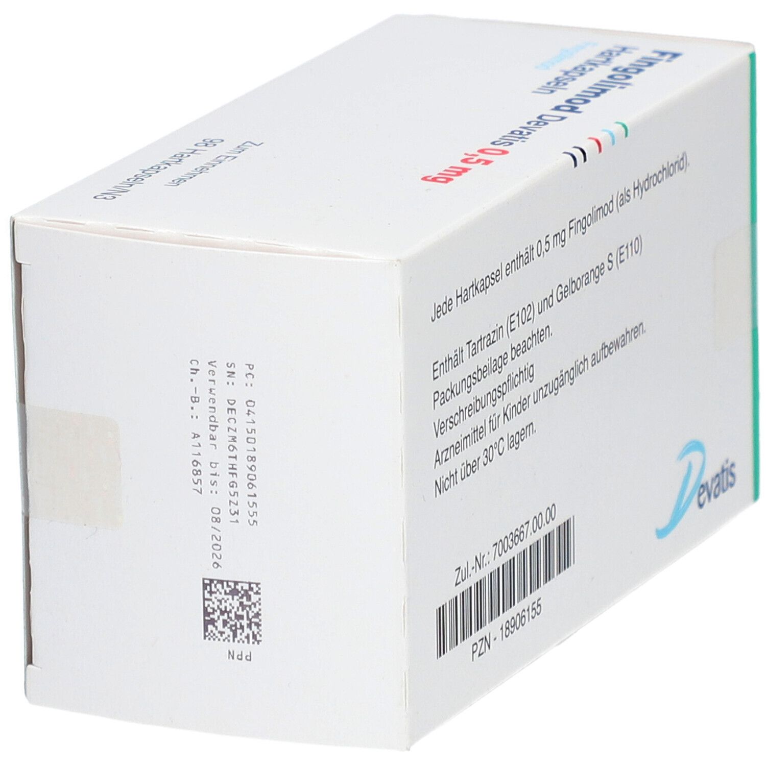Schachtel mit Aufschrift: Fingolimod Devatis 0,5 mg Hartkapseln. Enthält Informationen. Logo Devatis.
