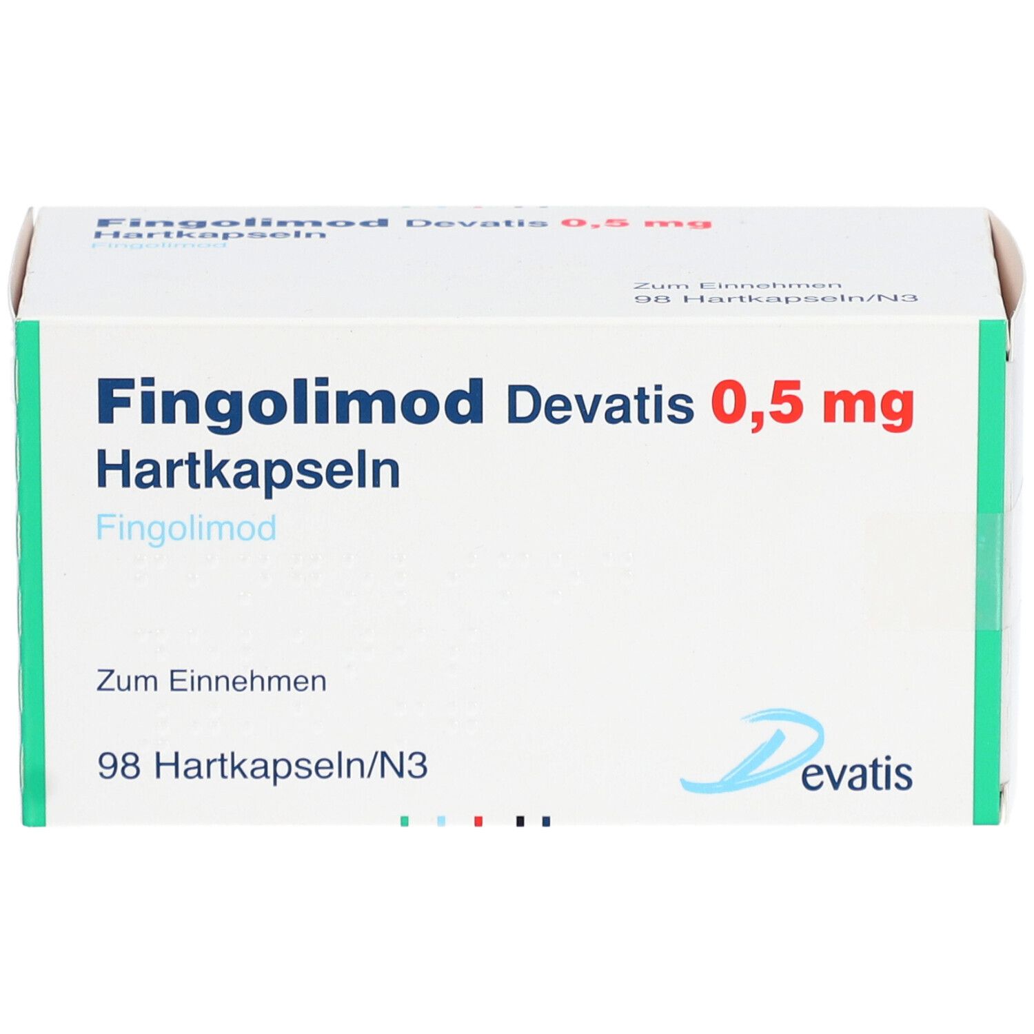 Schachtel mit Aufschrift: Fingolimod Devatis 0,5 mg Hartkapseln. 98 Hartkapseln/N3. Logo Devatis.
