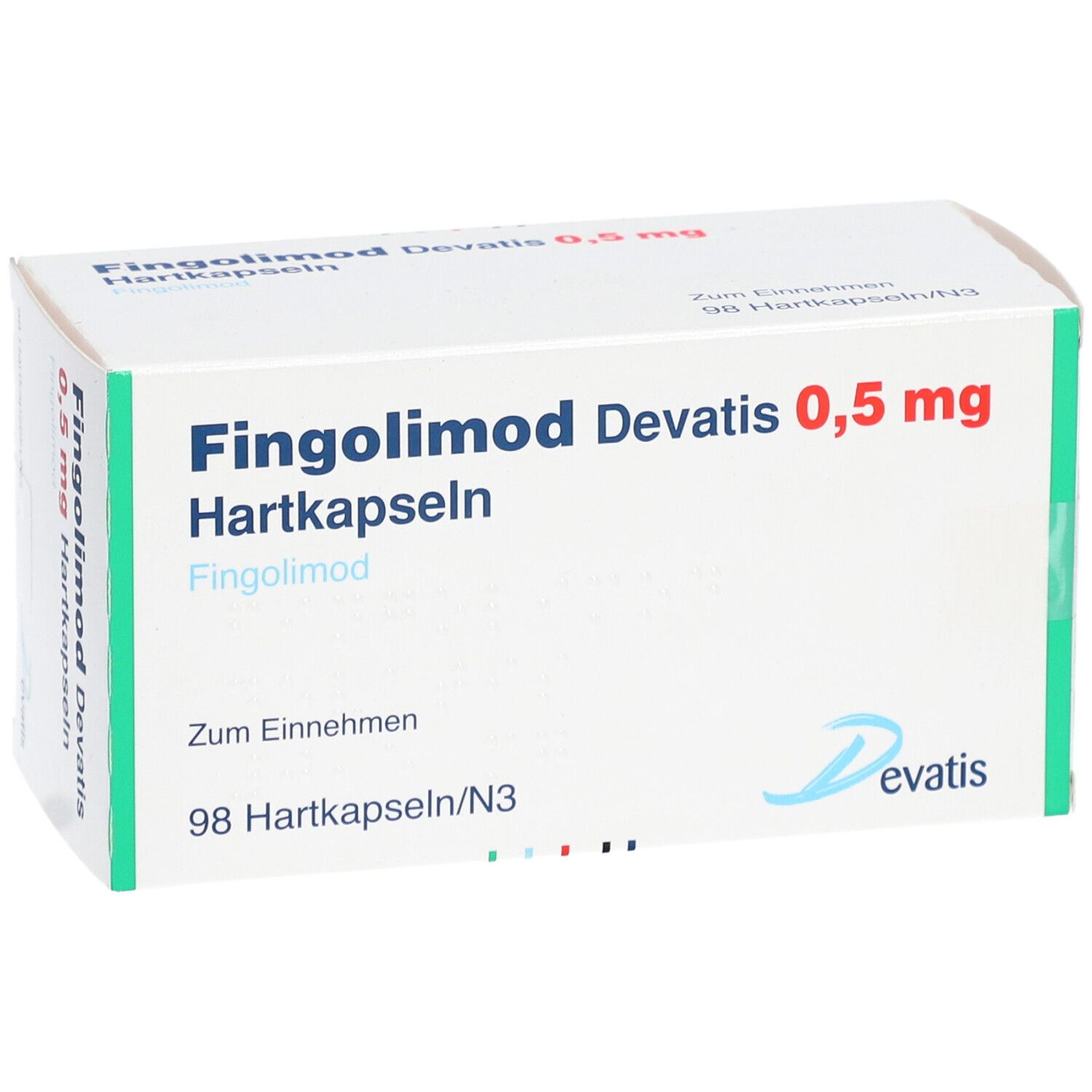 Schachtel mit Aufschrift: Fingolimod Devatis 0,5 mg Hartkapseln. 98 Hartkapseln/N3. Logo Devatis.