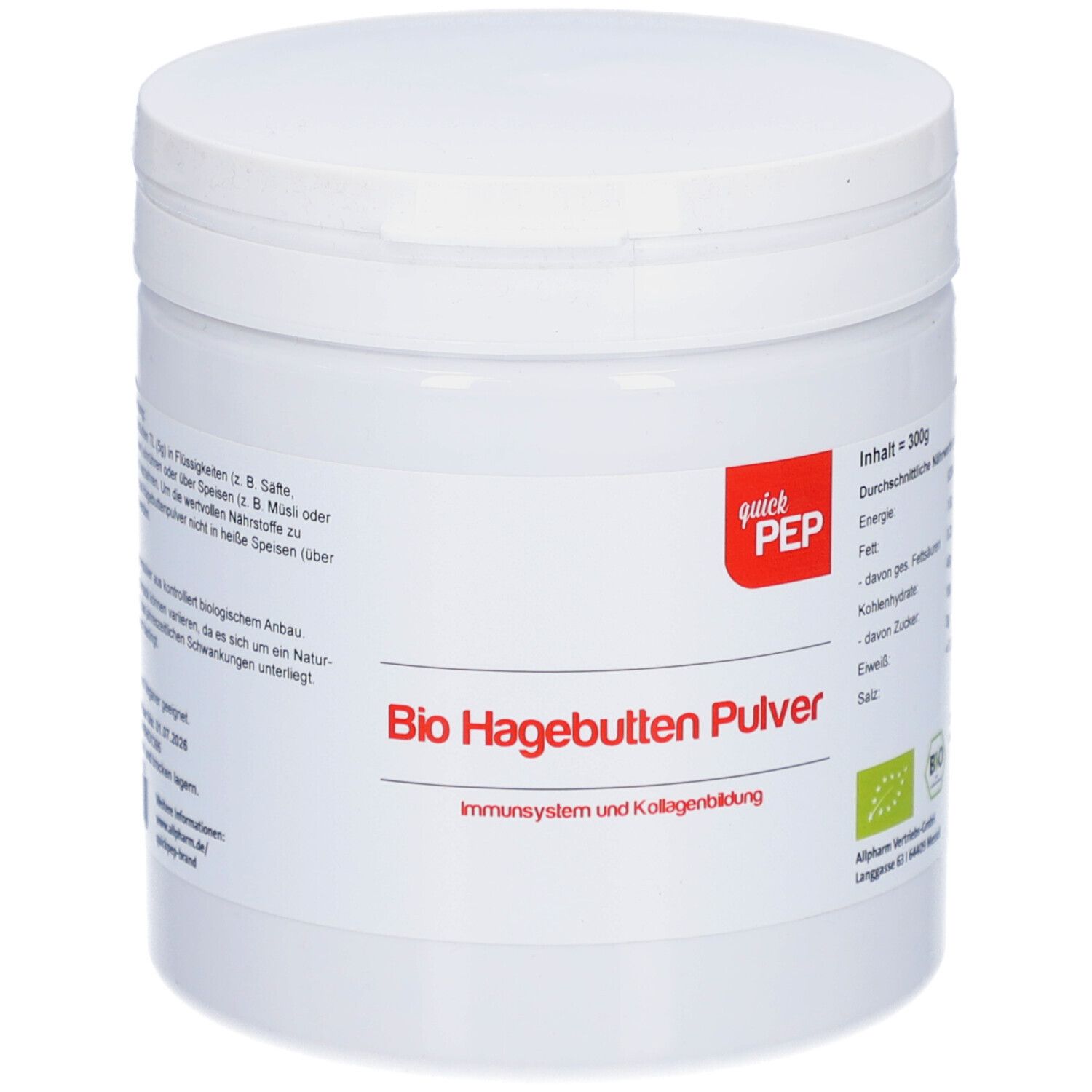 Weißes Behältnis mit Deckel. Aufschrift: quickPEP, Bio Hagebutten Pulver, Immunsystem & Kollagenbildung. Bio-Siegel.