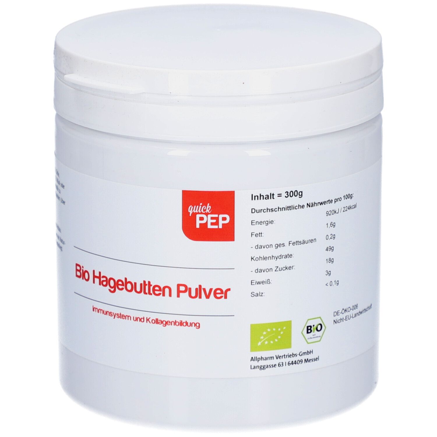 Weißes Behältnis mit Deckel. Aufschrift: quickPEP, Bio Hagebutten Pulver, Immunsystem & Kollagenbildung. Bio-Siegel. Nährwertangaben.