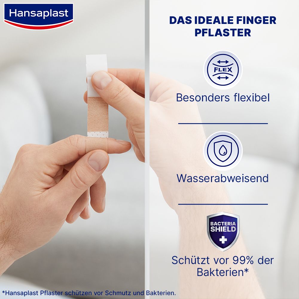 Hand mit Fingerpflaster. Zeigt Flexibilität, Wasserabweisung und Bakterienschutz. Hansaplast Logo.