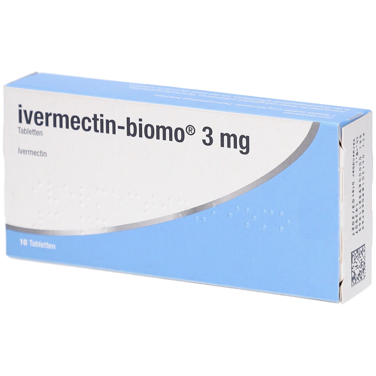 Blau-weiße Schachtel mit der Aufschrift "ivermectin-biomo 3 mg Tabletten". 10 Tabletten. Ivermectin.
