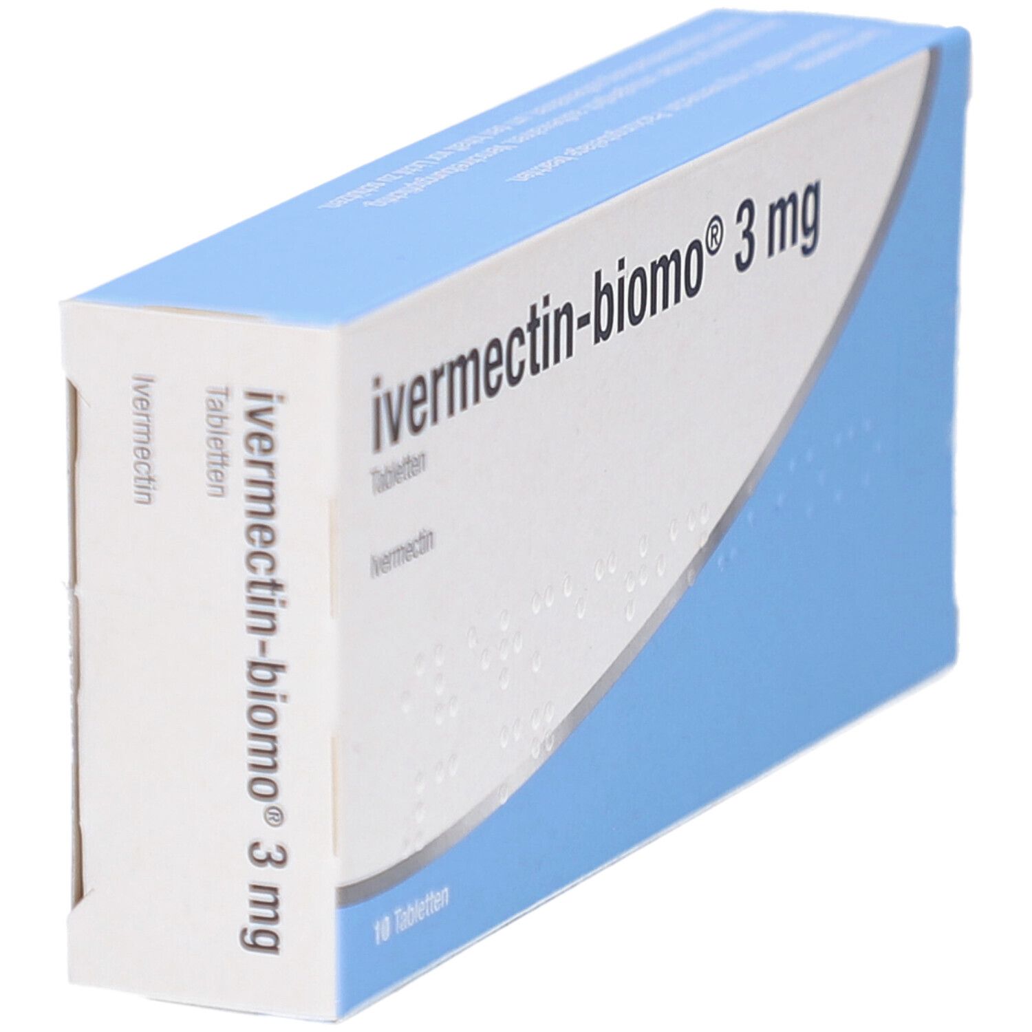 Schachtel "ivermectin-biomo 3 mg Tabletten" in blau-weiß. Aufschrift: Ivermectin, 10 Tabletten.