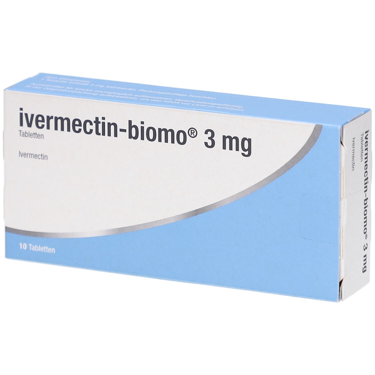 Blau-weiße Schachtel mit "ivermectin-biomo 3 mg Tabletten". Aufschrift: Ivermectin, 10 Tabletten.