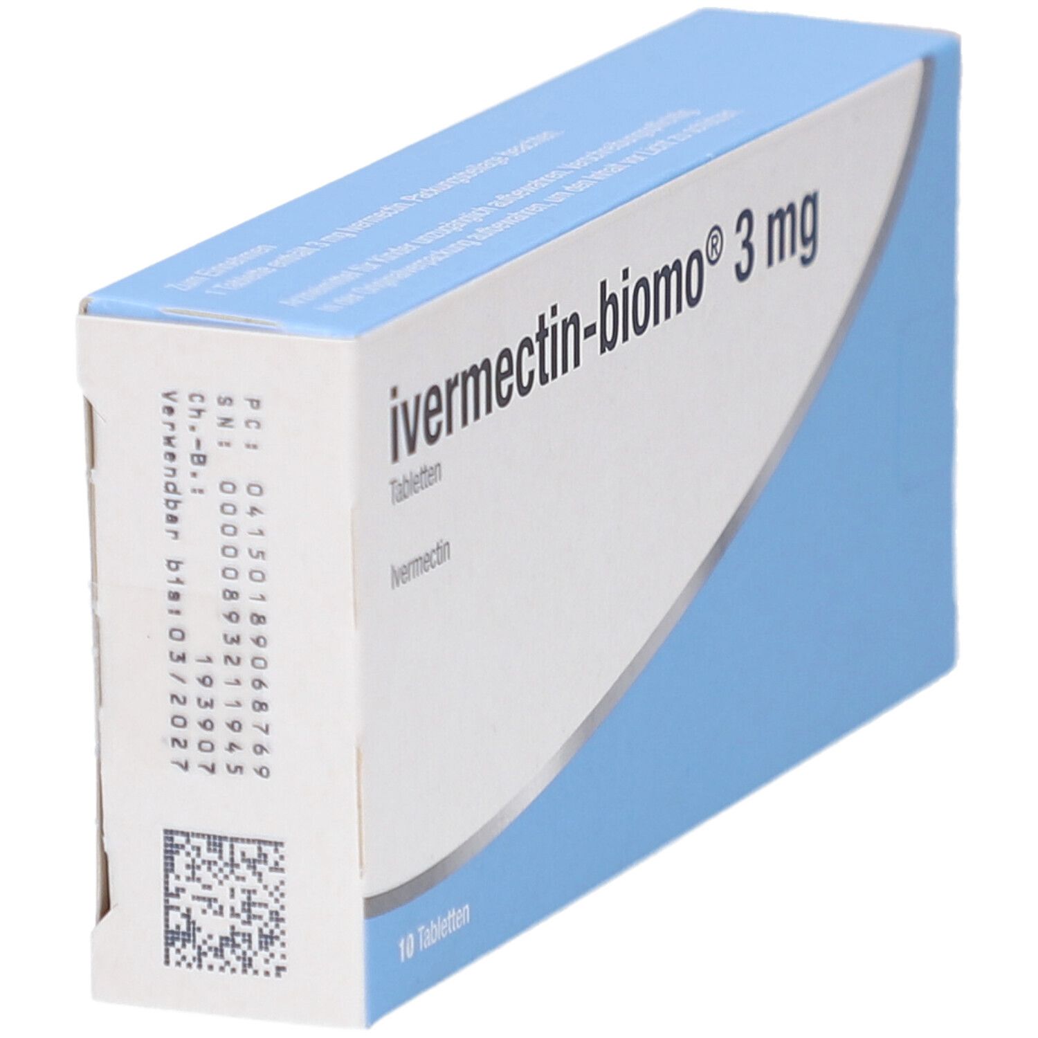 Schachtel "ivermectin-biomo 3 mg Tabletten" in blau-weiß. Aufschrift: Ivermectin, 10 Tabletten. Details auf der Seite.