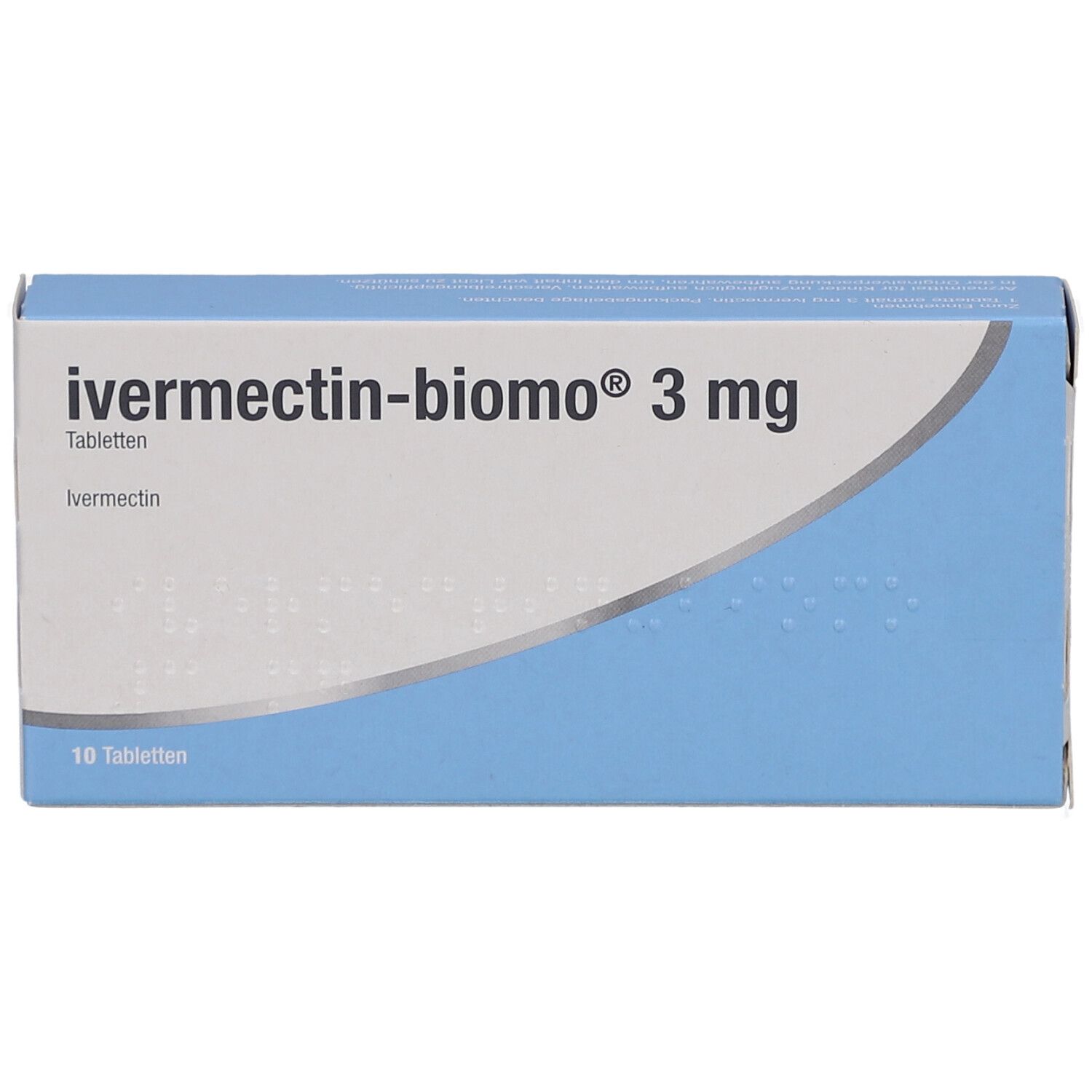 Blau-weiße Schachtel mit "ivermectin-biomo 3 mg Tabletten". Aufschrift: Ivermectin, 10 Tabletten.