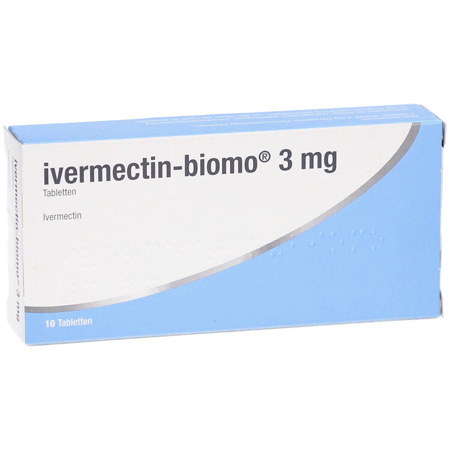 Blau-weiße Schachtel mit "ivermectin-biomo 3 mg Tabletten". Aufschrift: Ivermectin, 10 Tabletten.