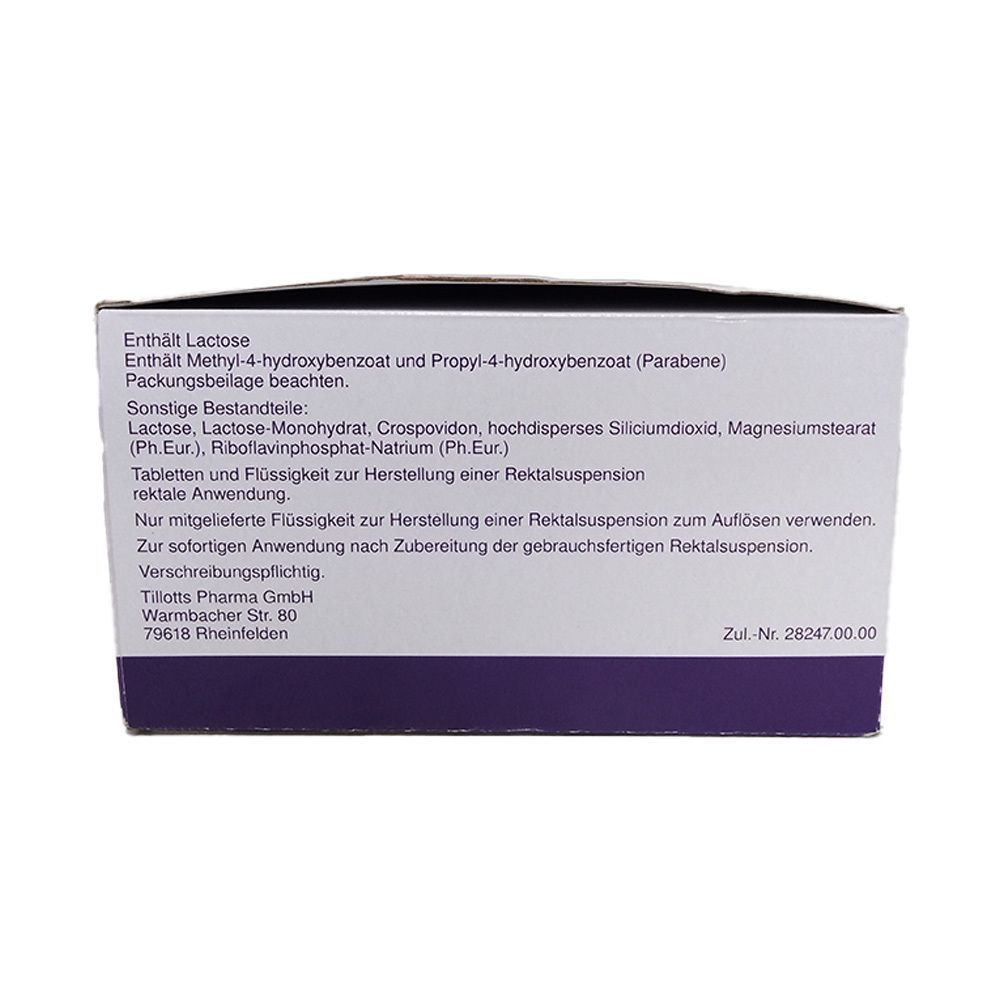 Rückseite der Verpackung. Text mit Inhaltsstoffen und weiteren Informationen. Lila Streifen am unteren Rand.