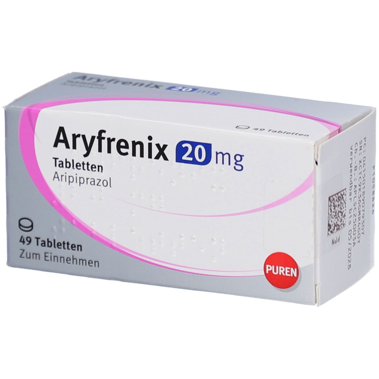 Schachtel ARYFRENIX 20 mg Tabletten. Enthält 49 Tabletten. Marke PUREN. Rosa und graue Verpackung.