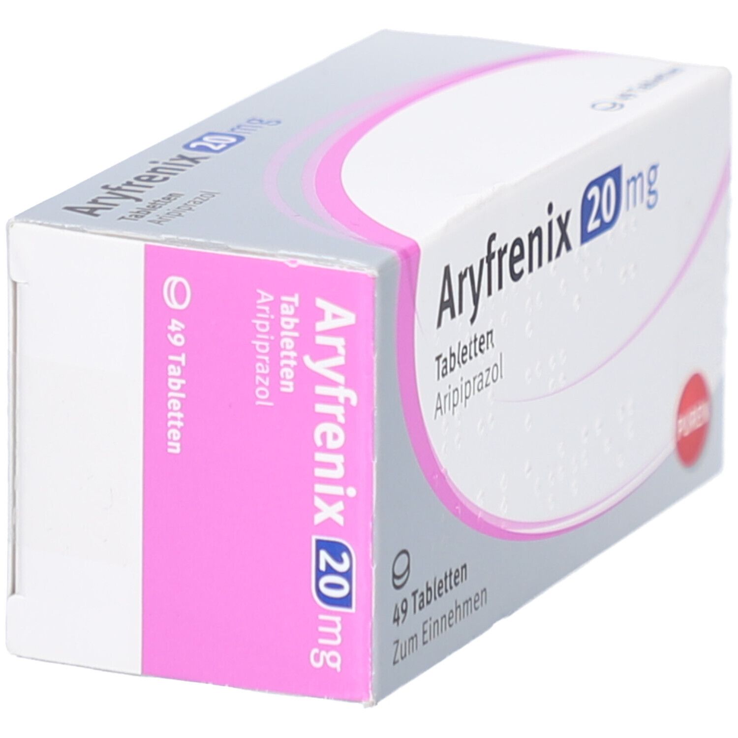 ARYFRENIX 20 mg Tabletten-Schachtel. Rosa und graue Verpackung. Enthält 49 Tabletten. Marke PUREN.