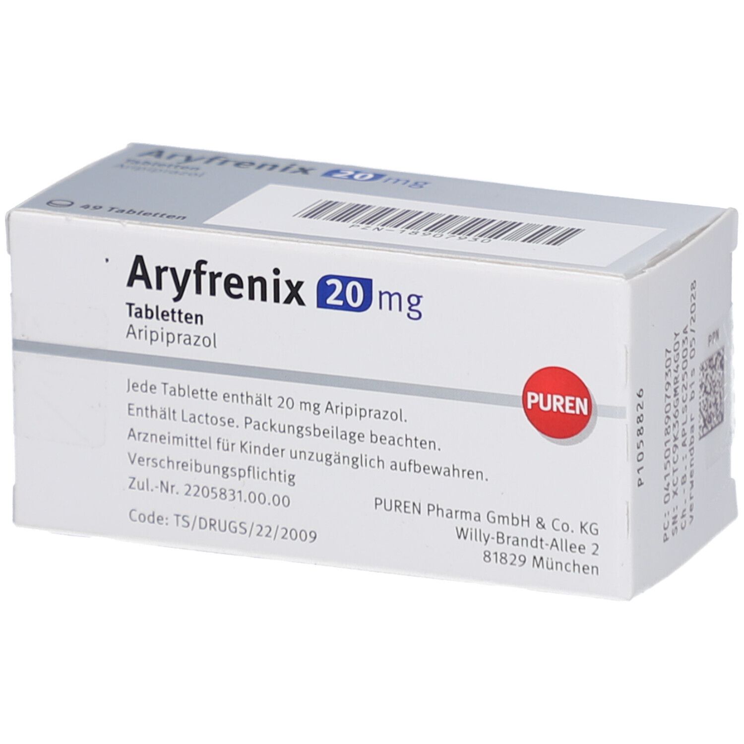 ARYFRENIX 20 mg Tabletten-Schachtel. Enthält 49 Tabletten. Marke PUREN. Text auf der Verpackung.