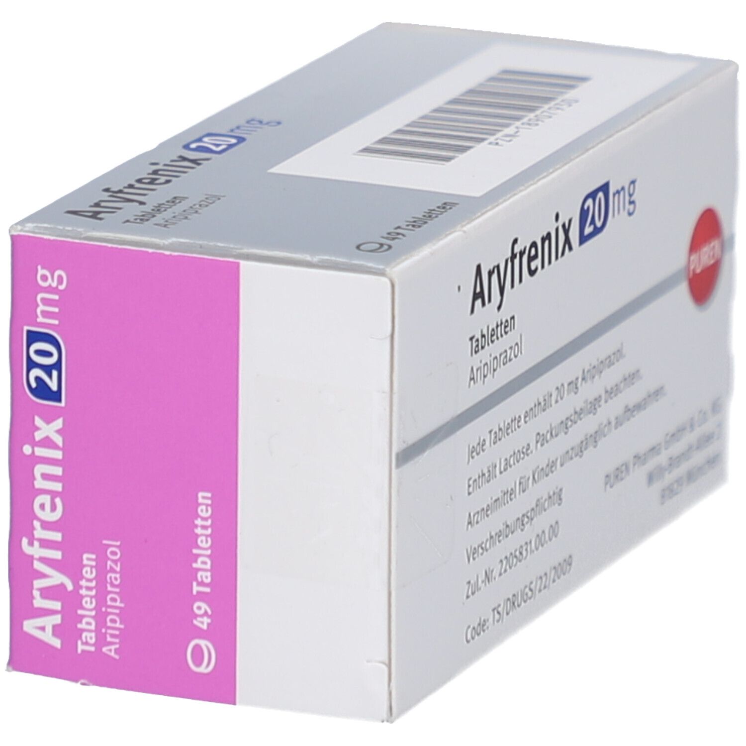 ARYFRENIX 20 mg Tabletten-Schachtel. Rosa und graue Verpackung. Enthält 49 Tabletten. Marke PUREN.