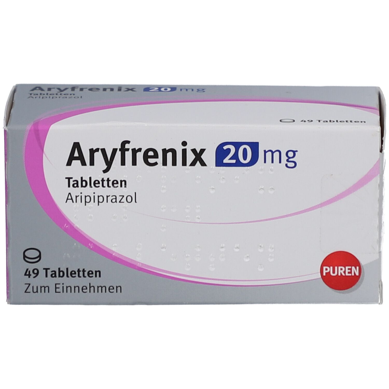 ARYFRENIX 20 mg Tabletten-Schachtel. Enthält 49 Tabletten. Marke PUREN. Rosa und graue Verpackung.
